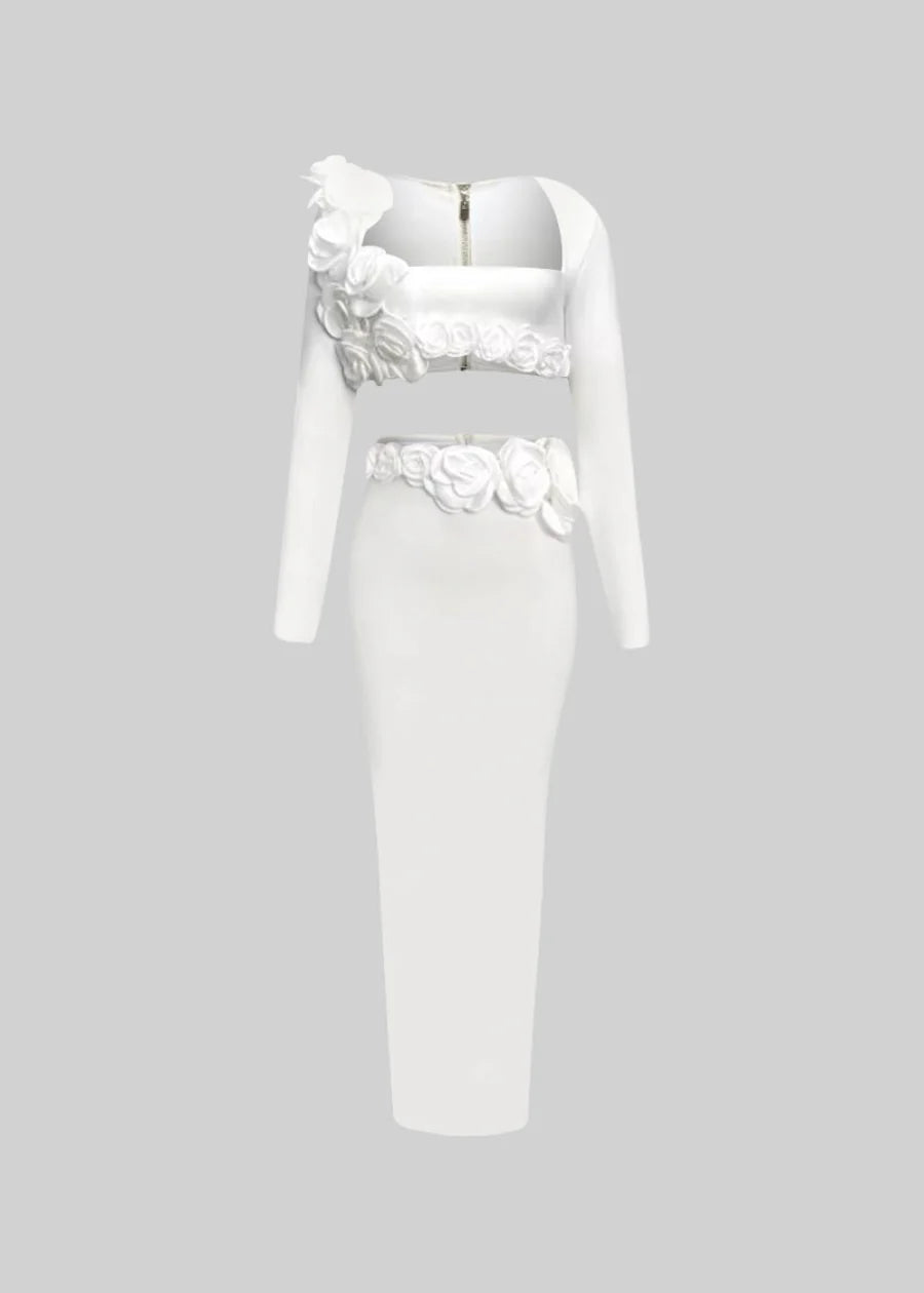 Two Piece Set With 3D Flower Embellished Top and Coordinated Maxi Skirt - White