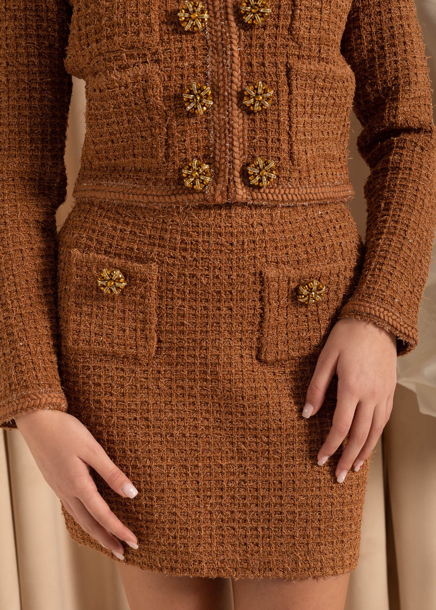 Knitted Two Piece Ensemble With Tweed Jacket and Skirt Set - Brown
