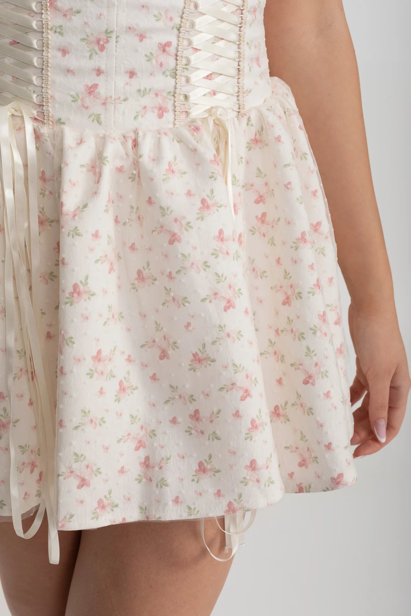 Strapless Mini Dress with Corset Lacing and Floral Print - White/Pink