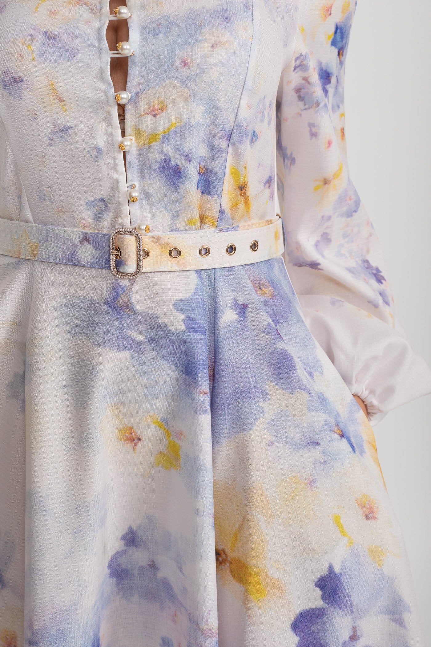 Watercolor Floral Belted Midi Dress with Mandarin Collar – Pastel Blue