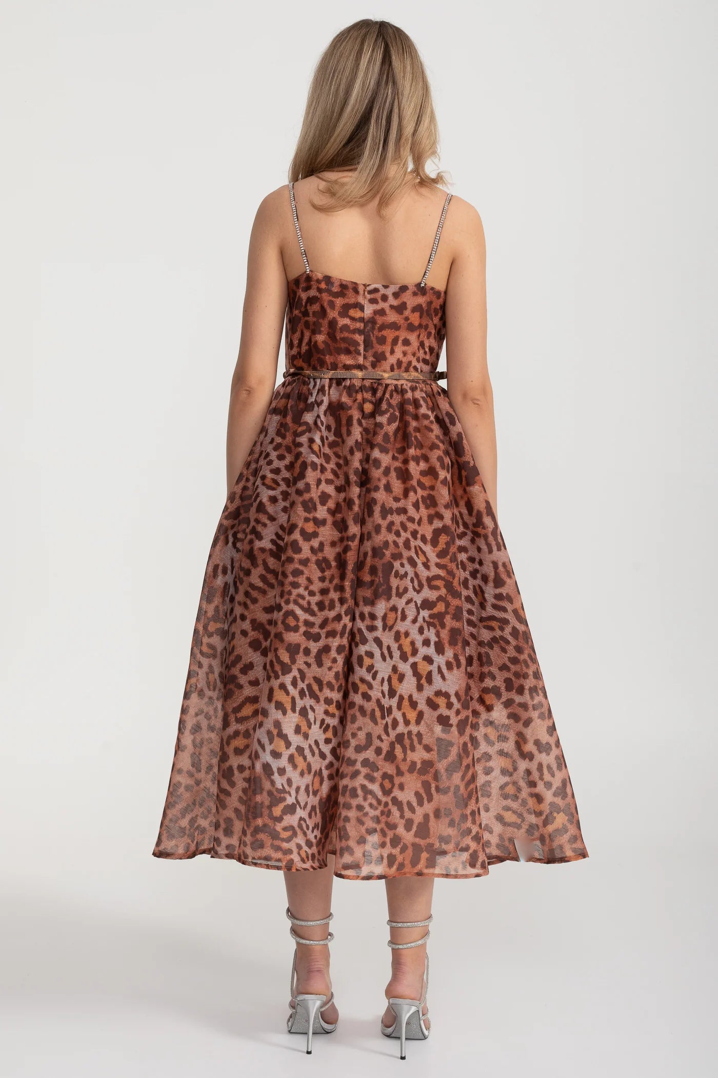 Leopard Print Midi Dress With Corset Bodice- Brown