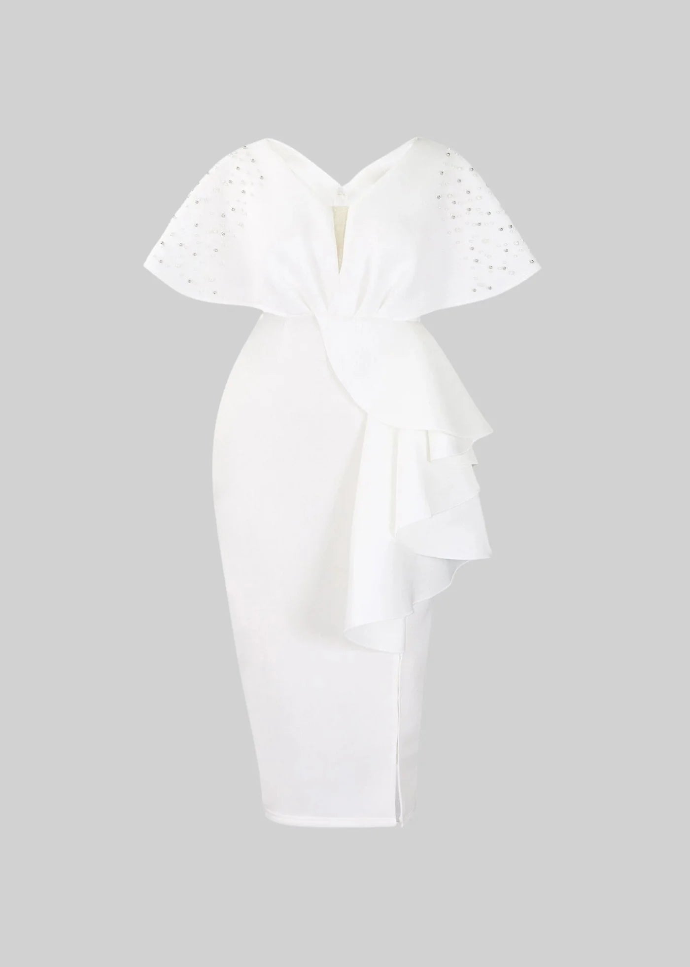 Flowing Midi Dress With Waist Draping And Shoulder Pearls - White