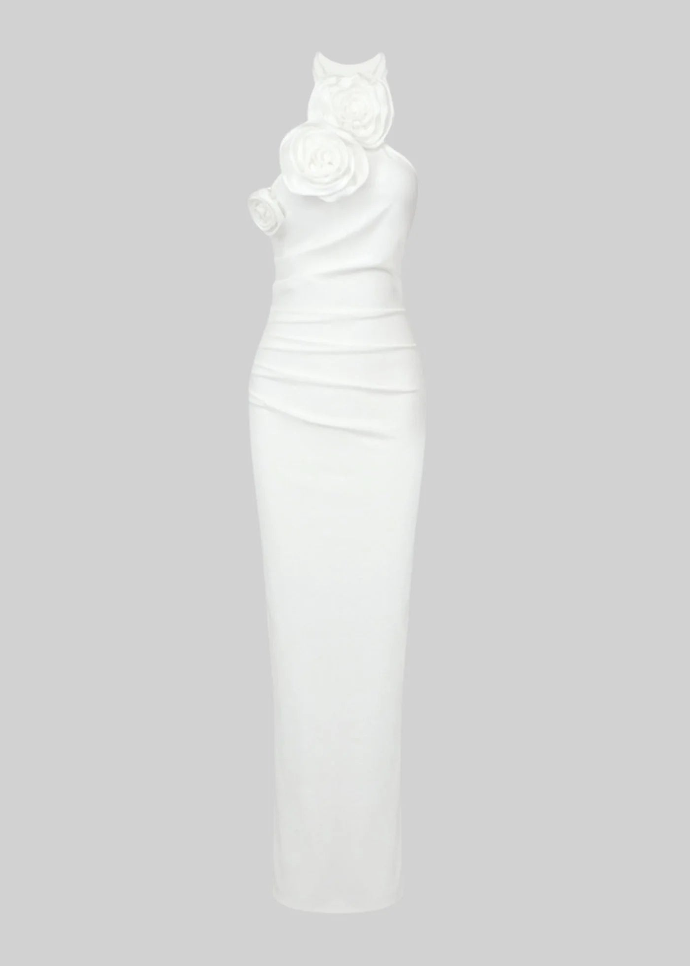 Sleeveless Fitted Maxi Dress With Flowing Scarf, 3D Roses And Side Slit - White
