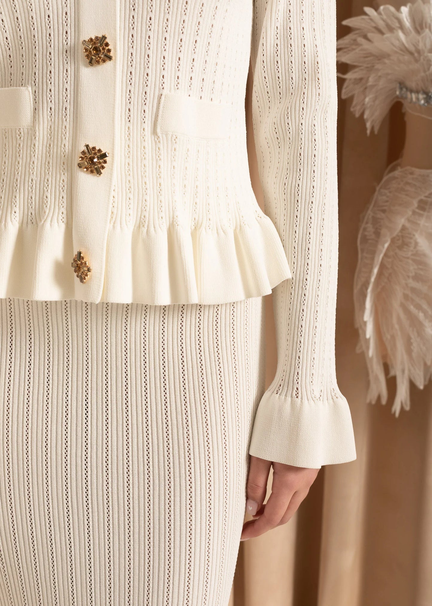 Knit Jacket With Ruffled Hemline & Matching Flared Skirt Set - White