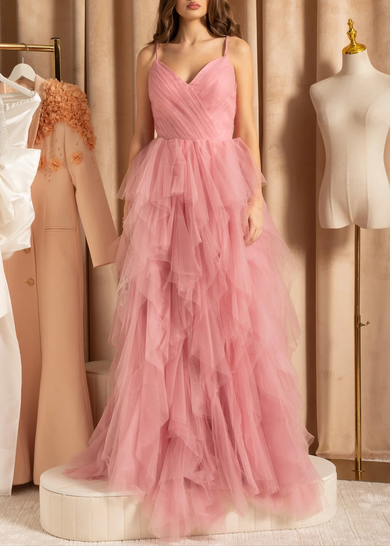Elegant Tulle Gown With Flowing Full-Length Skirt - Peach