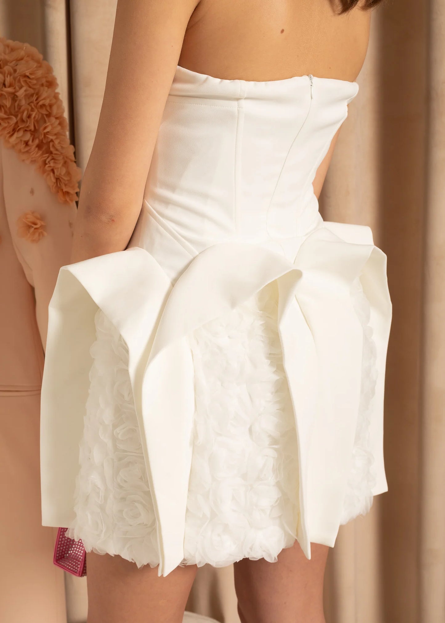 Mini Dress With 3D Floral Arches - White