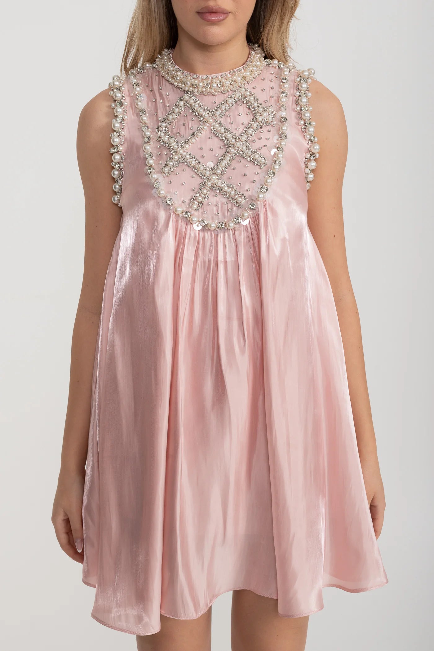 Elegant A-Line Sleeveless Dress With Intricate Pearl And Crystal Embellishments - Pink