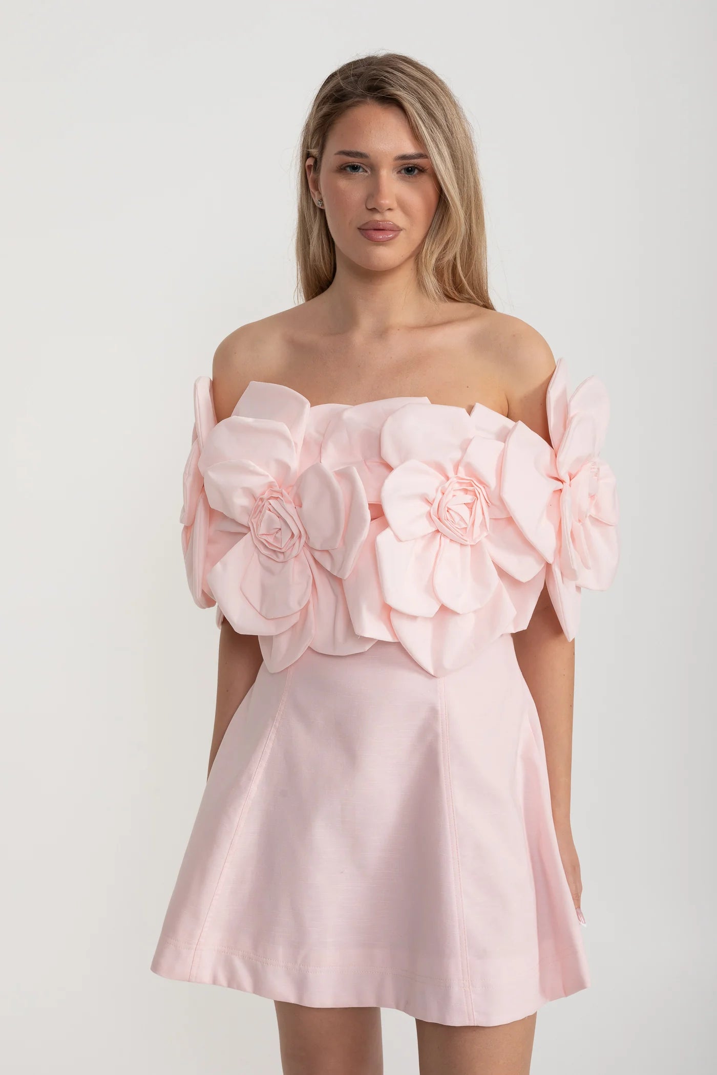 Off-Shoulder Mini Dress with Oversized Floral Appliqués - Pink