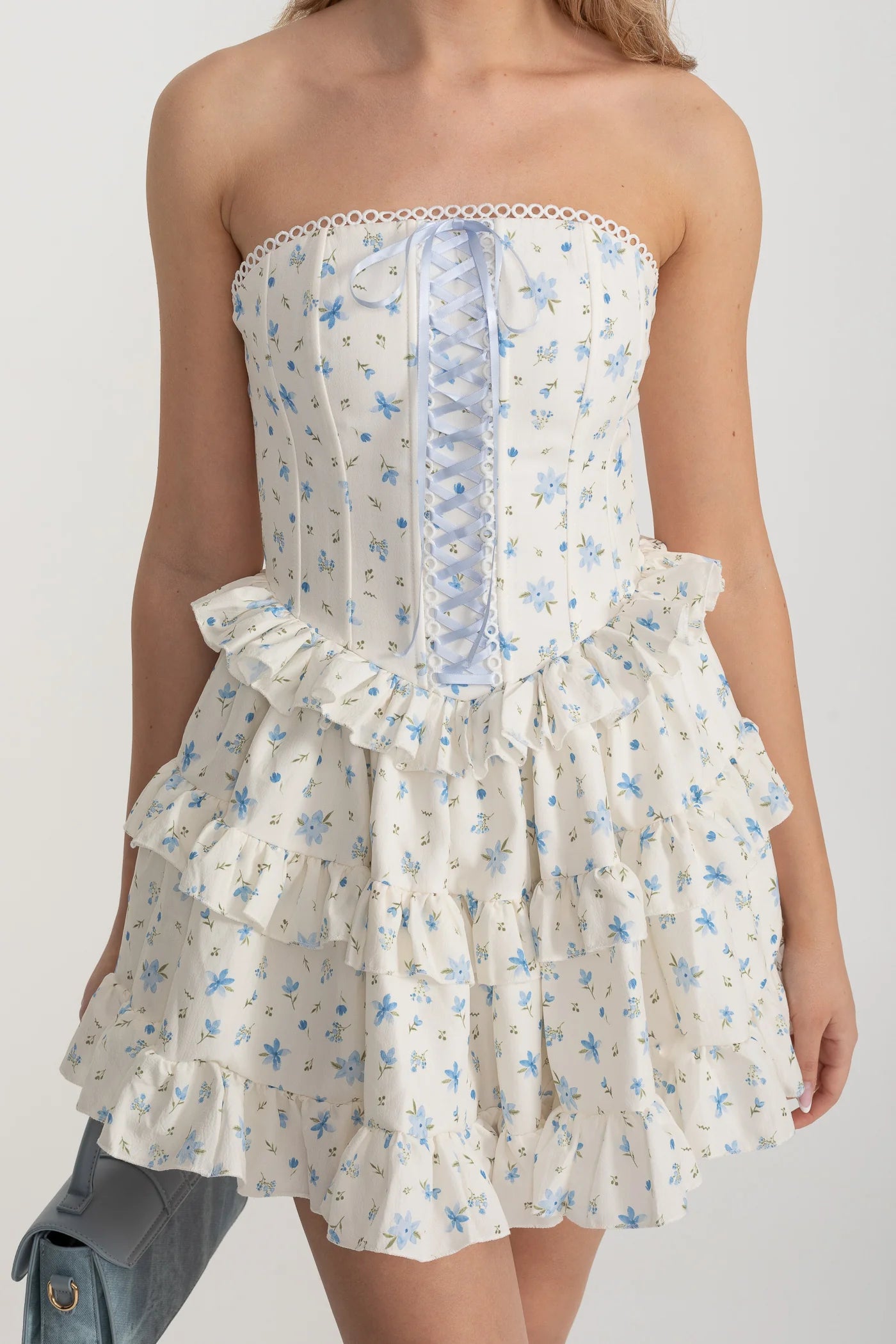 Strapless Ruffled Mini Dress with Floral Print - White/Blue