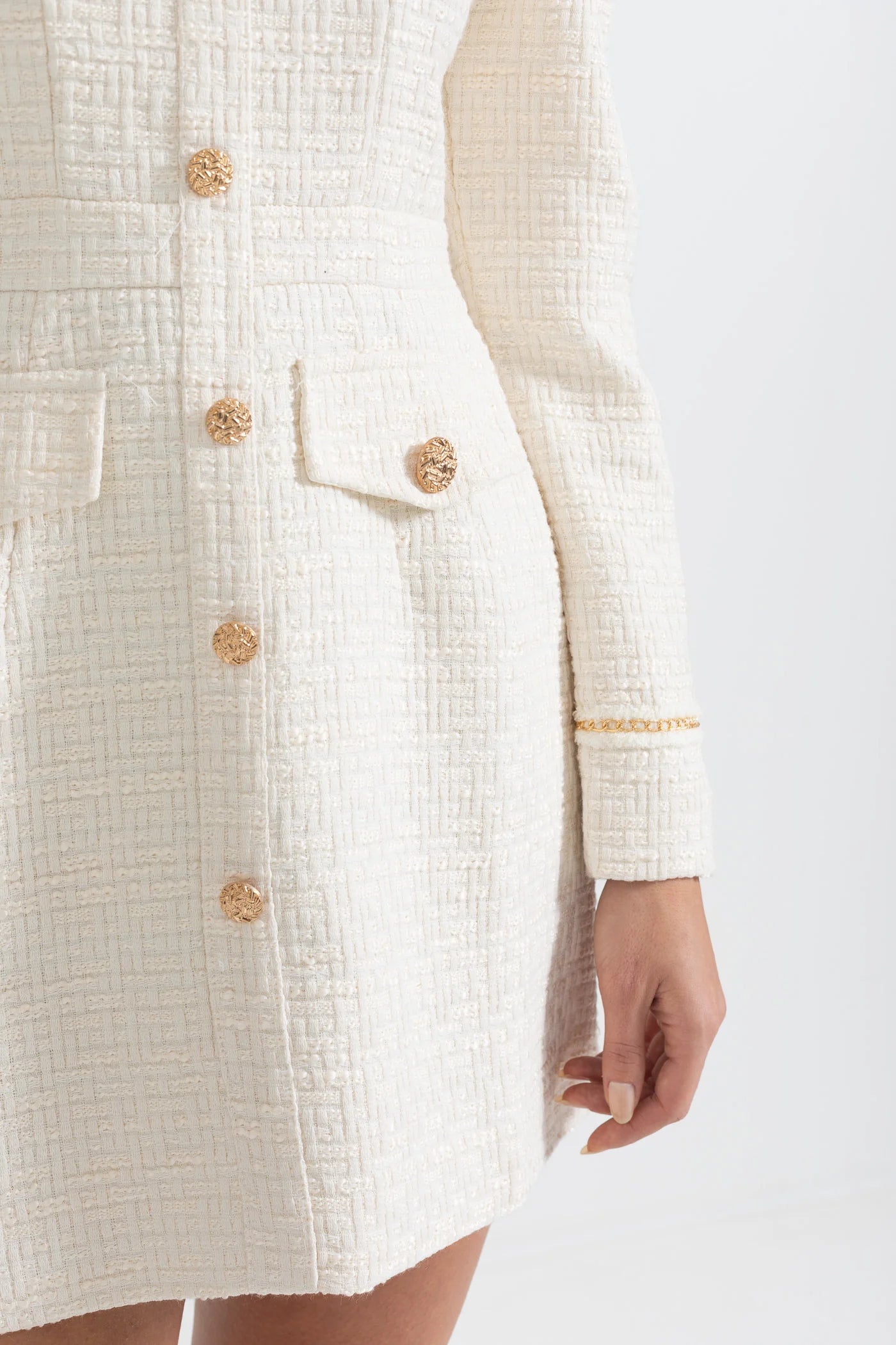 Mini Dress With Front Pockets And Gold Buttons - Ivoire