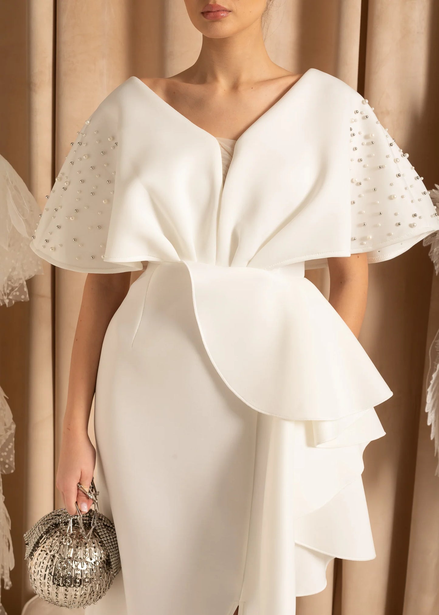 Flowing Midi Dress With Waist Draping And Shoulder Pearls - White