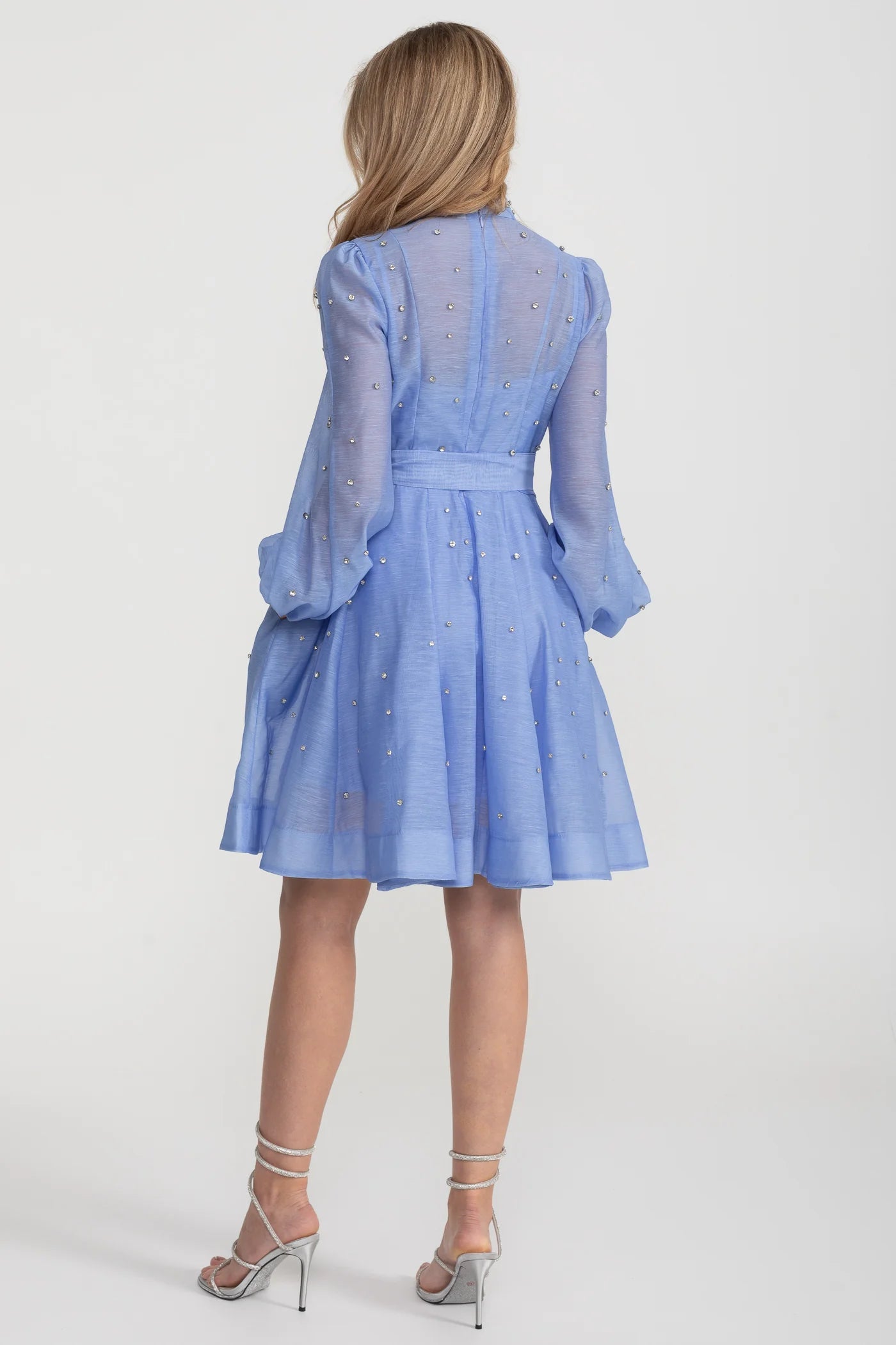 Long Sleeve Mini Dress with Crystal Embellishments - Blue