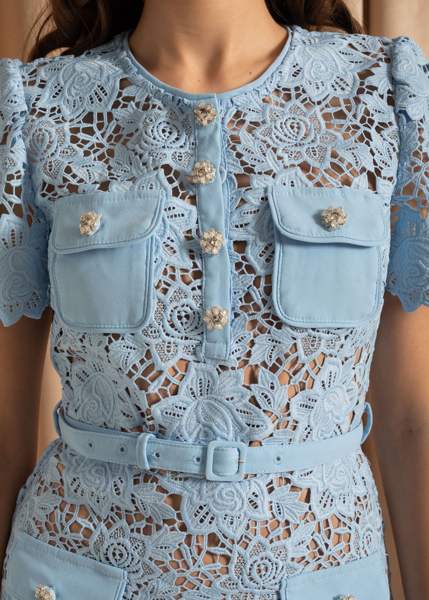 Short Sleeve Lace Floral Dress With Belt - Blue