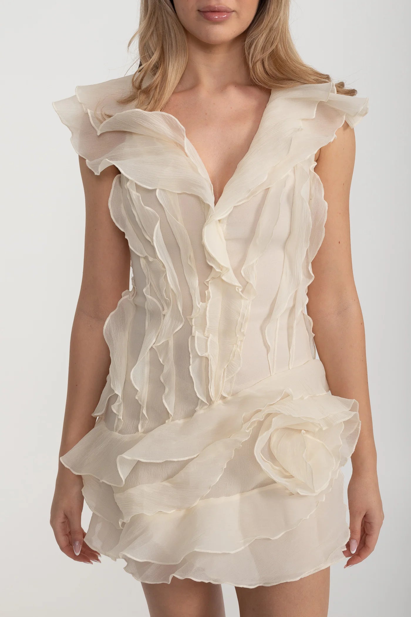 Mini Dress with Layered Ruffles and V-Neckline - White