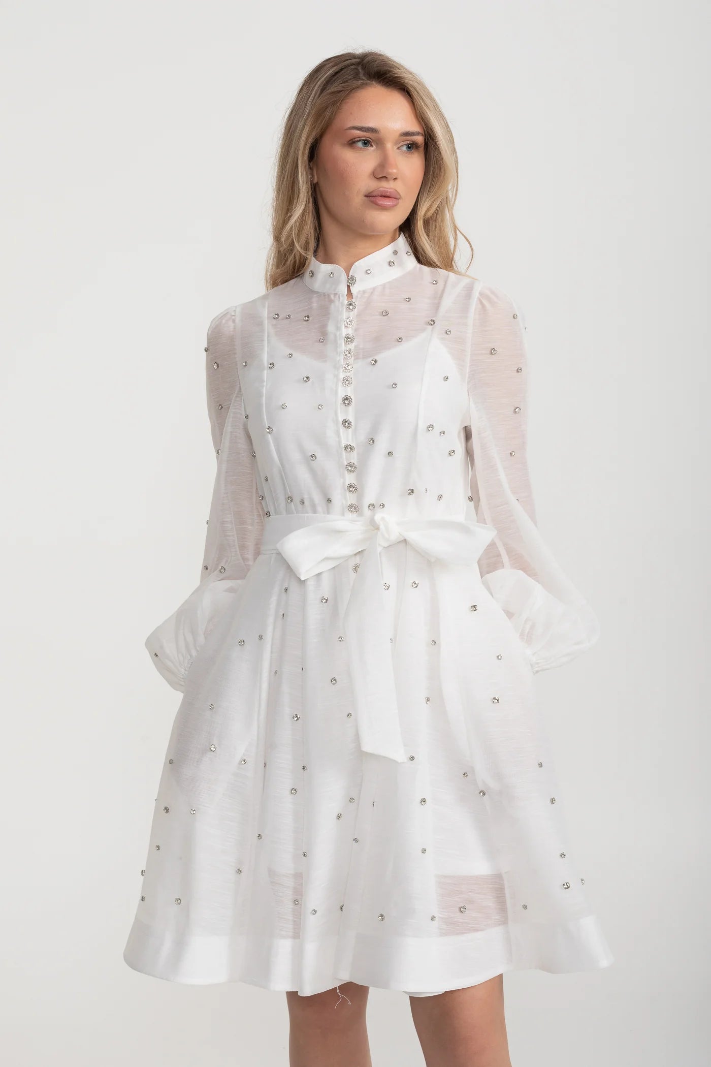 Long Sleeve Mini Dress with Crystal Embellishments - White