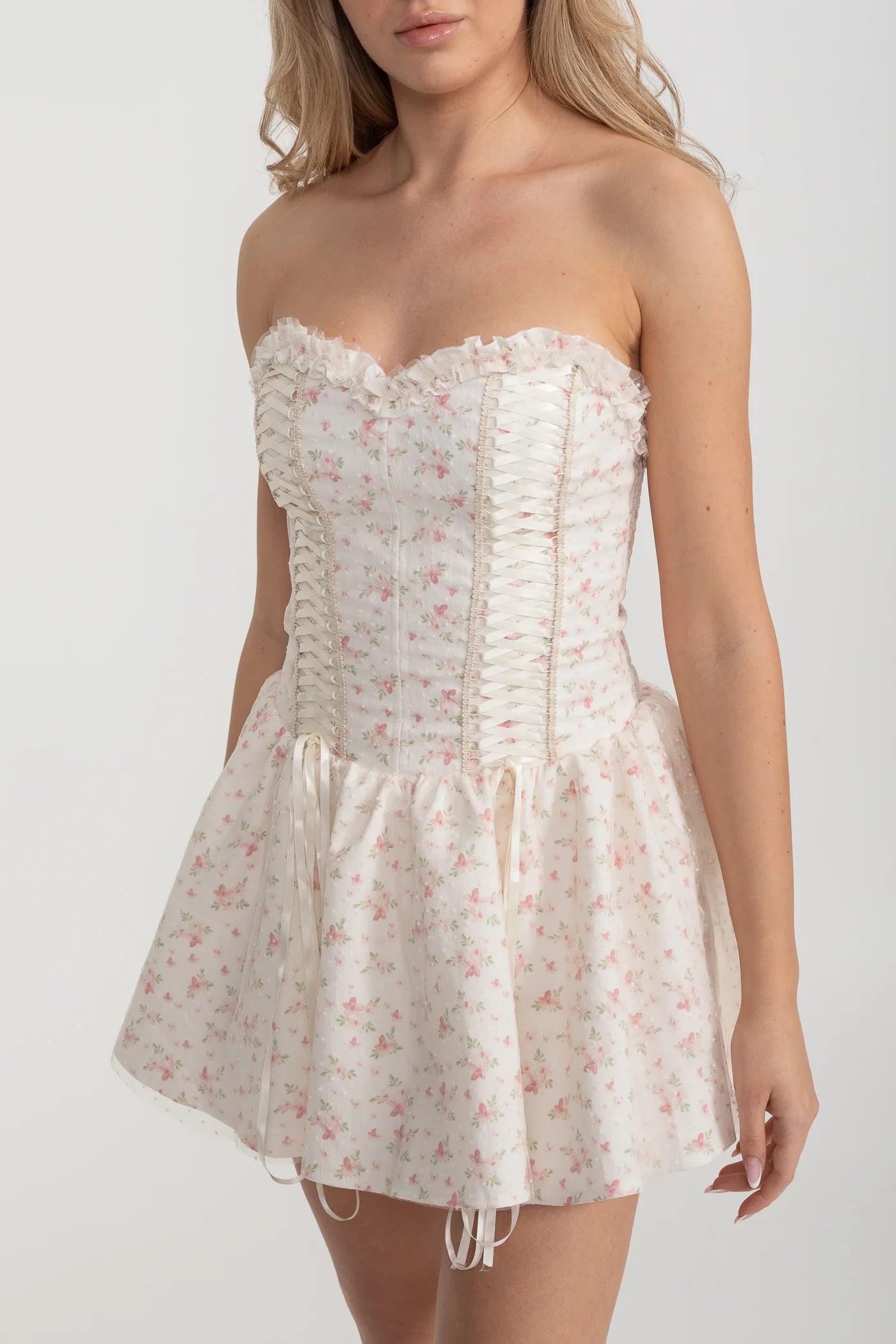 Strapless Mini Dress with Corset Lacing and Floral Print - White/Pink