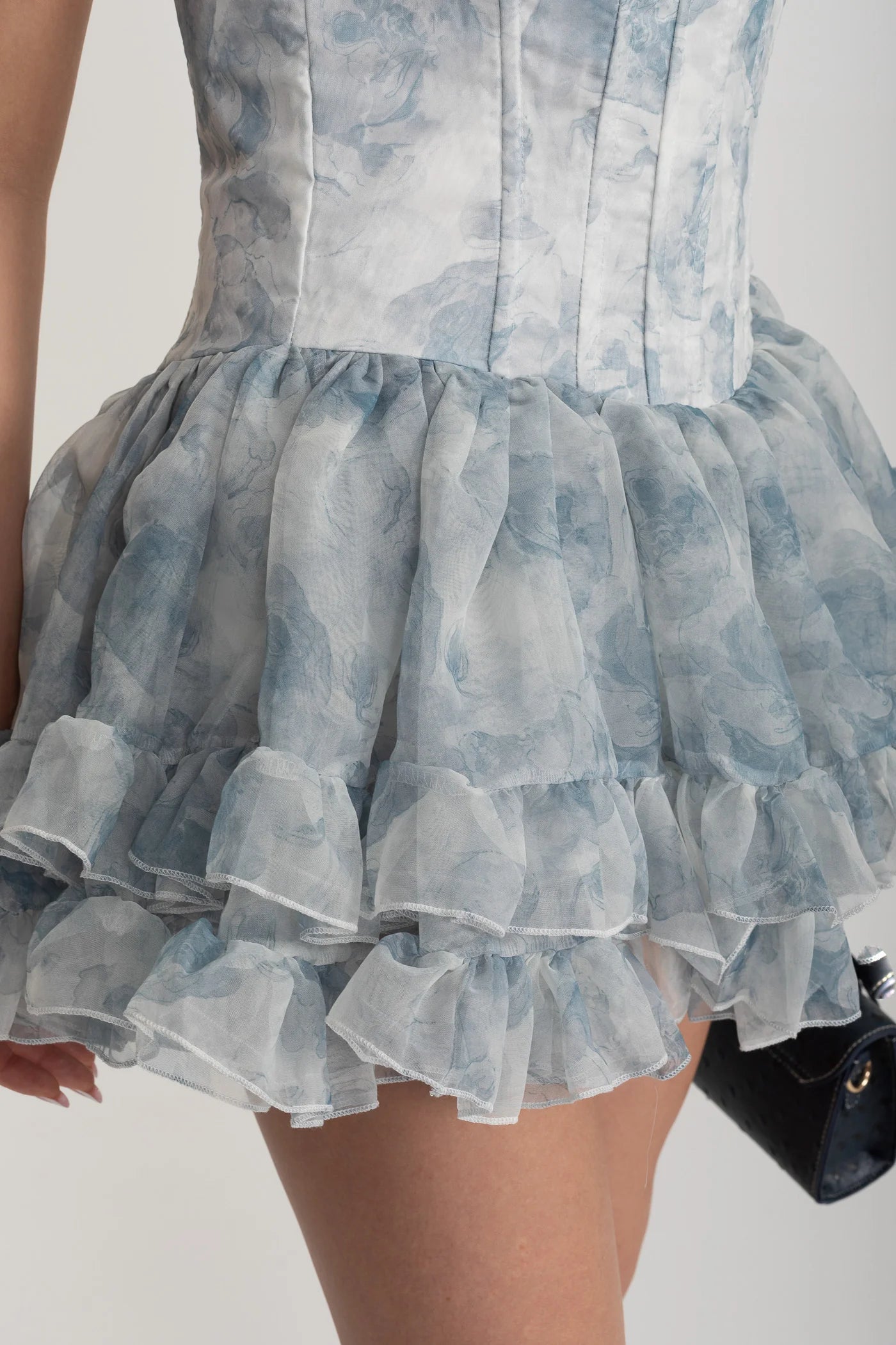 Strapless Ruffled Romper with Bow Detail and Floral Print - White/Blue