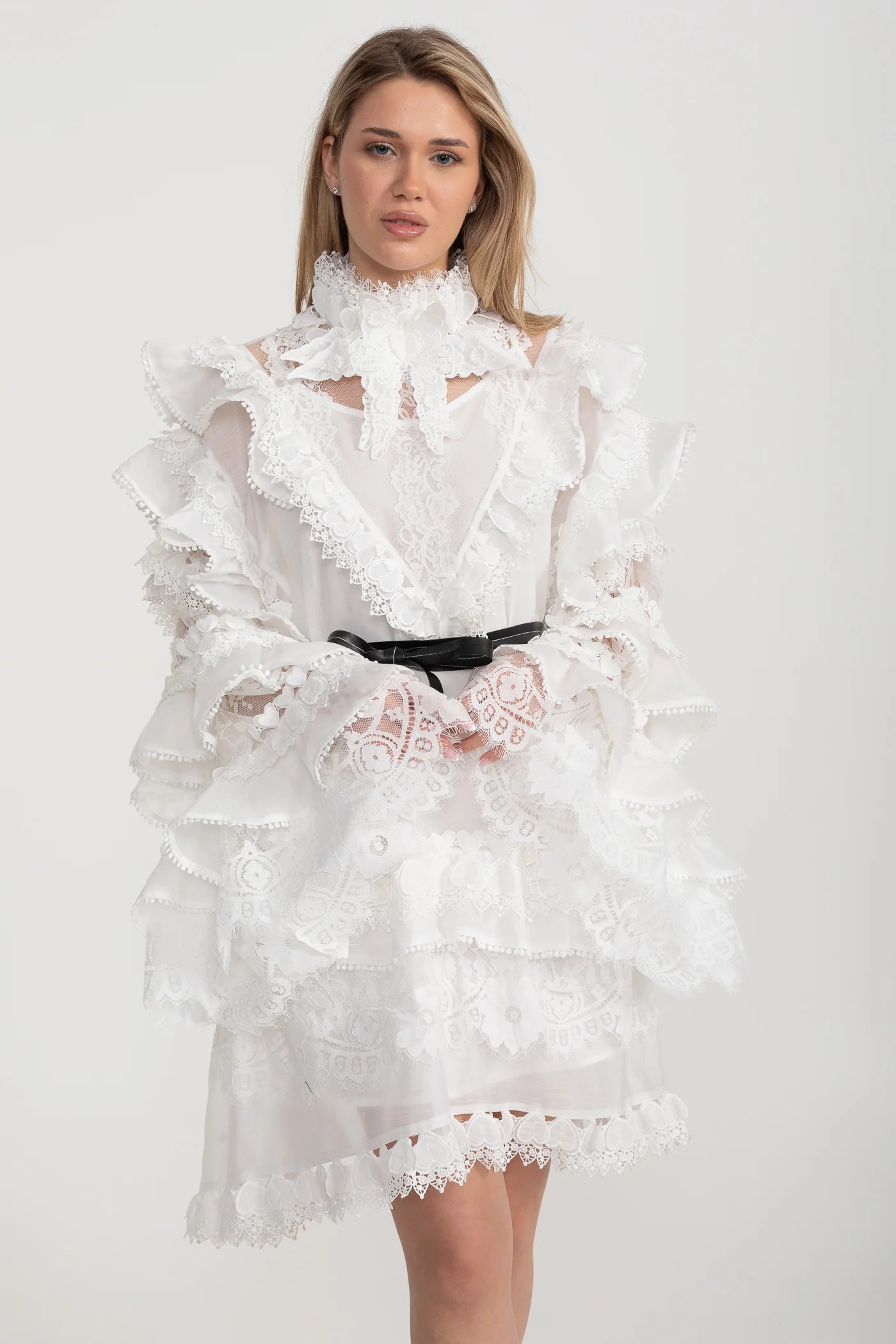 Victorian-Inspired Ruffled Lace Mini Dress – White