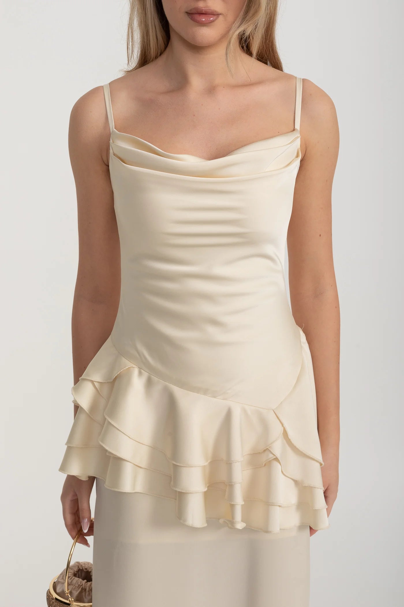 Spaghetti Strap Satin Maxi Dress with Asymmetric Ruffles - Ivoire