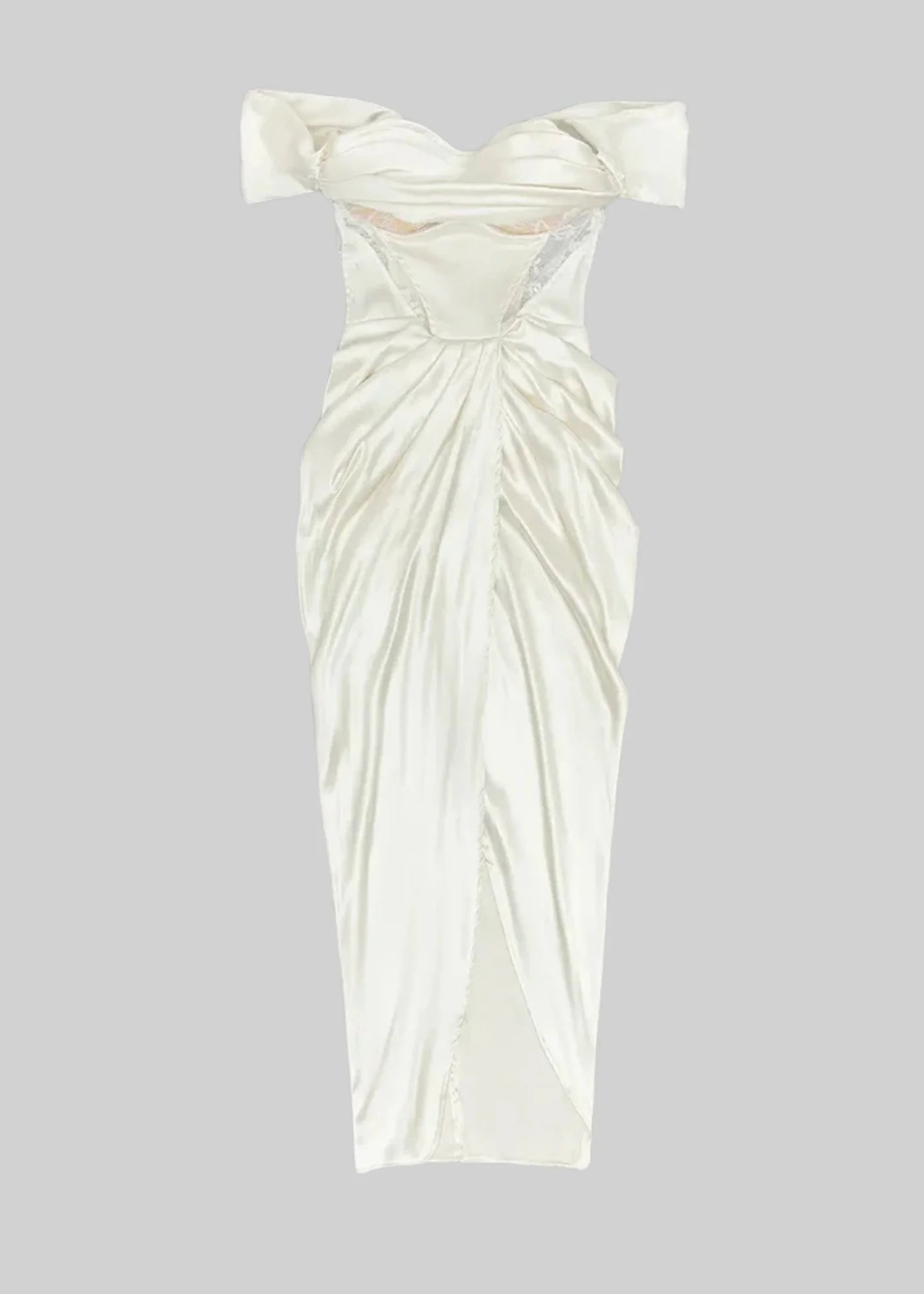 Elegant Off-Shoulder Satin Gown With Lace Details And Flowing Skirt - Ivoire