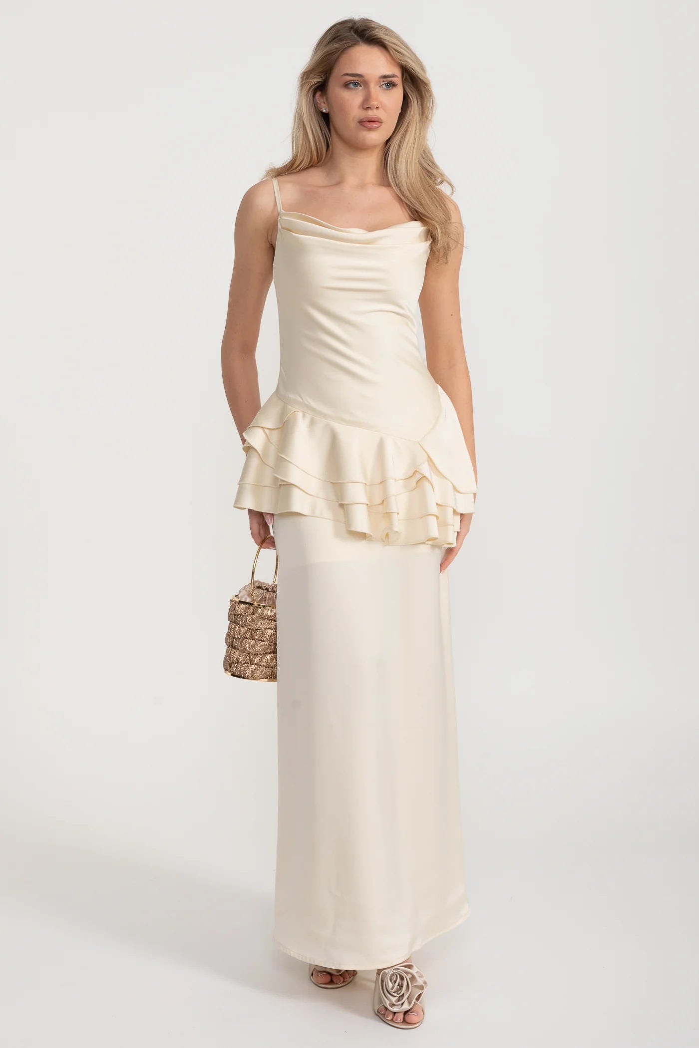 Spaghetti Strap Satin Maxi Dress with Asymmetric Ruffles - Ivoire
