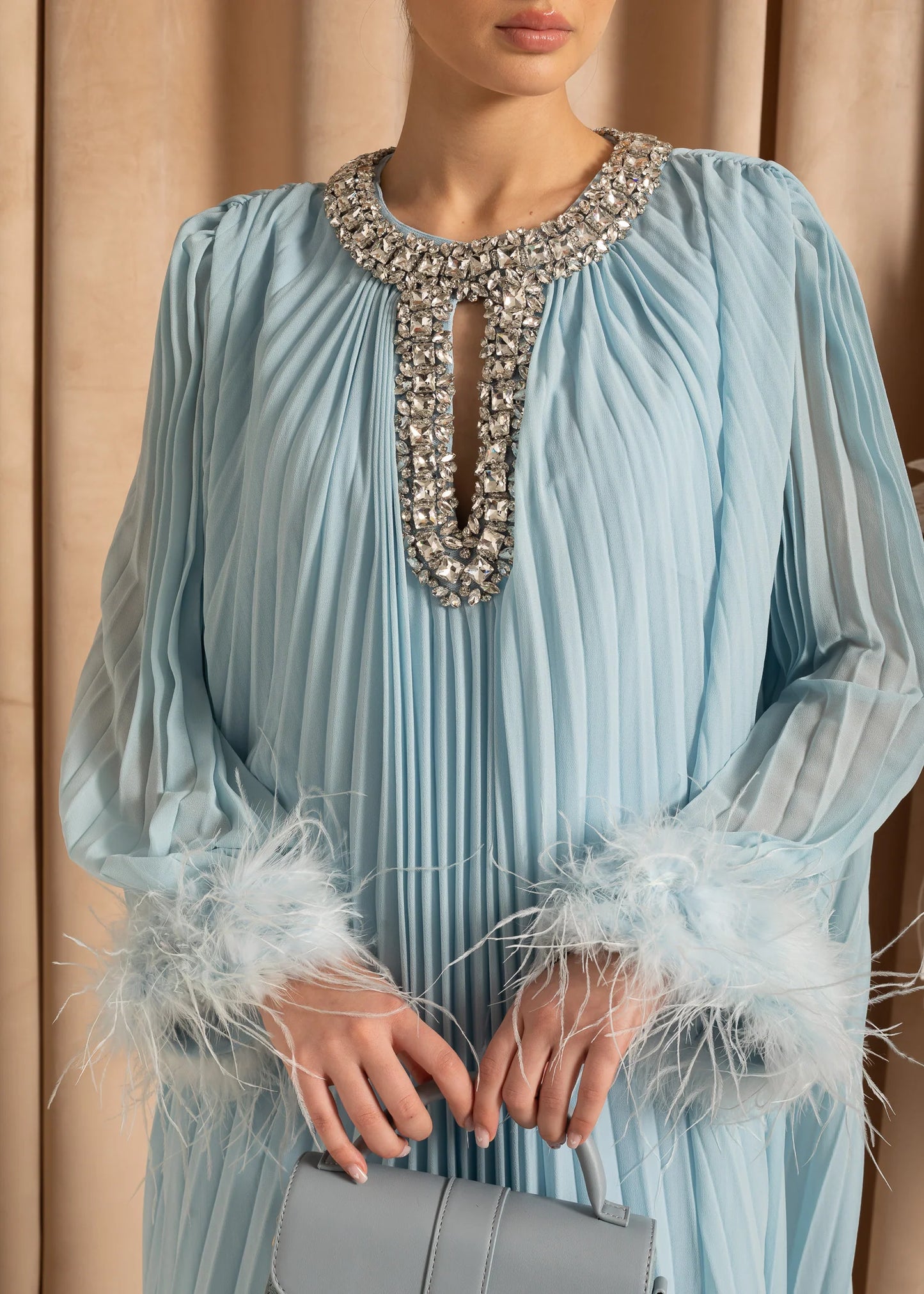 Elegant Ribbed Dress With Fluffy Cuffs And Sparkling Neckline Adornments - Baby Blue