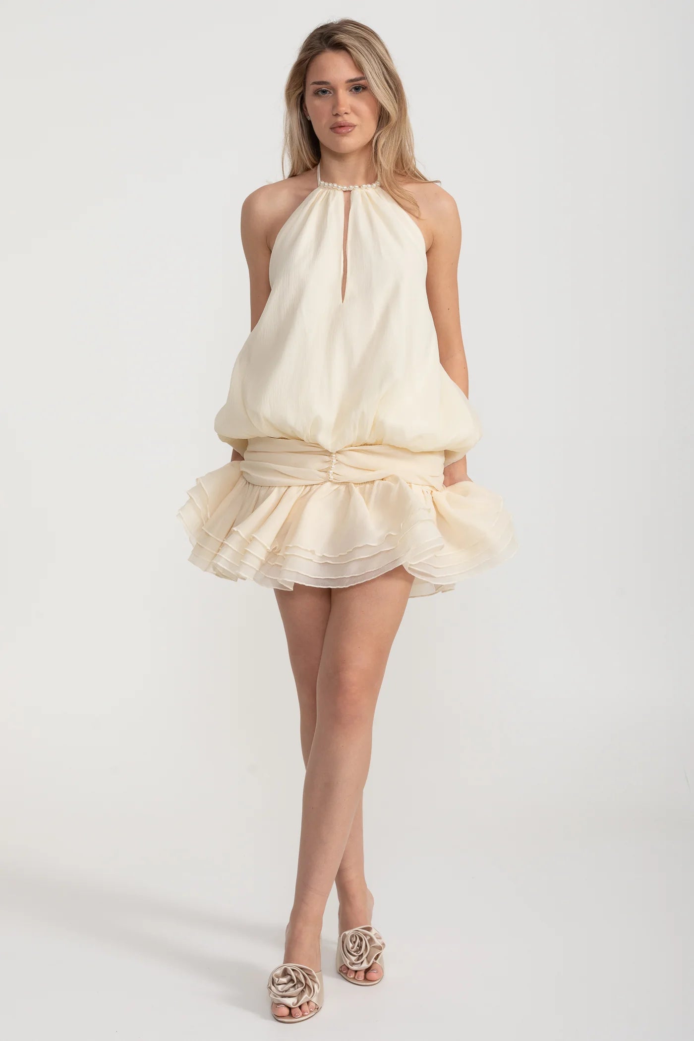 Halter Mini Dress with Pearl Neckline and Layered Ruffle Skirt - Ivoire