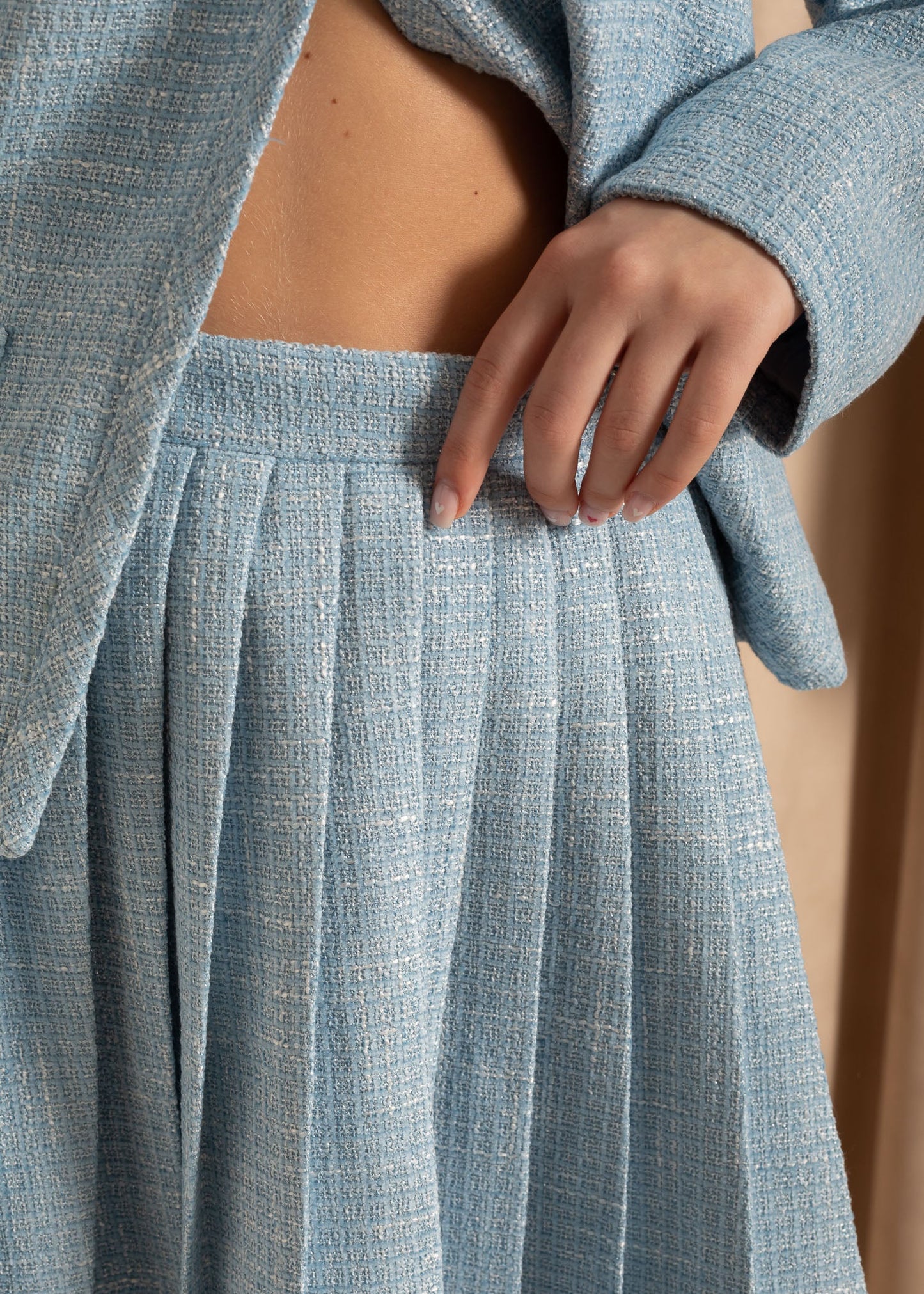 Elegant Knitted Two Piece Co-Ord With Pleated Mini Skirt - Blue
