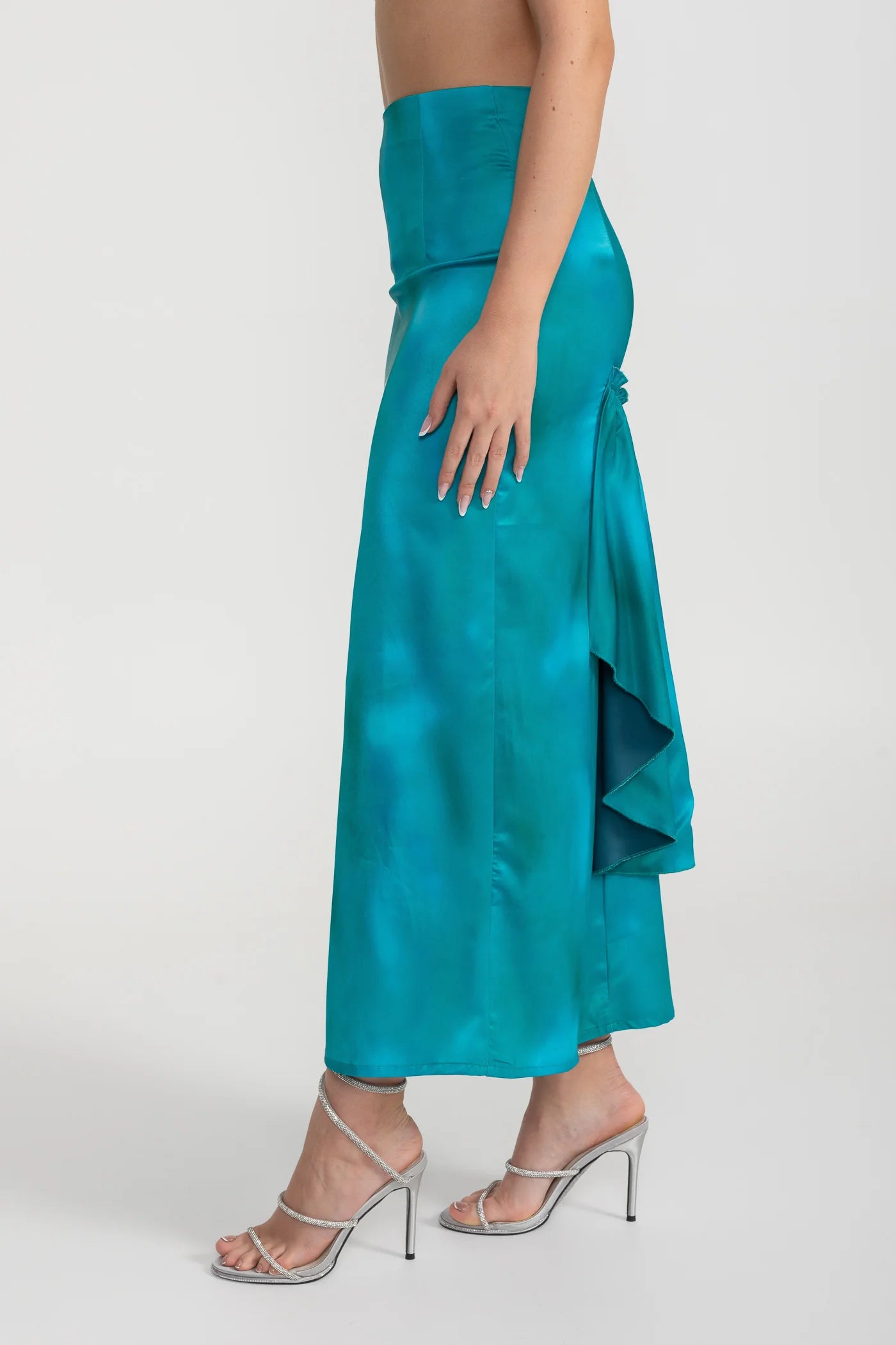 Strapless Corset Satin Set With Front Button Detail And Matching Skirt - Turquoise