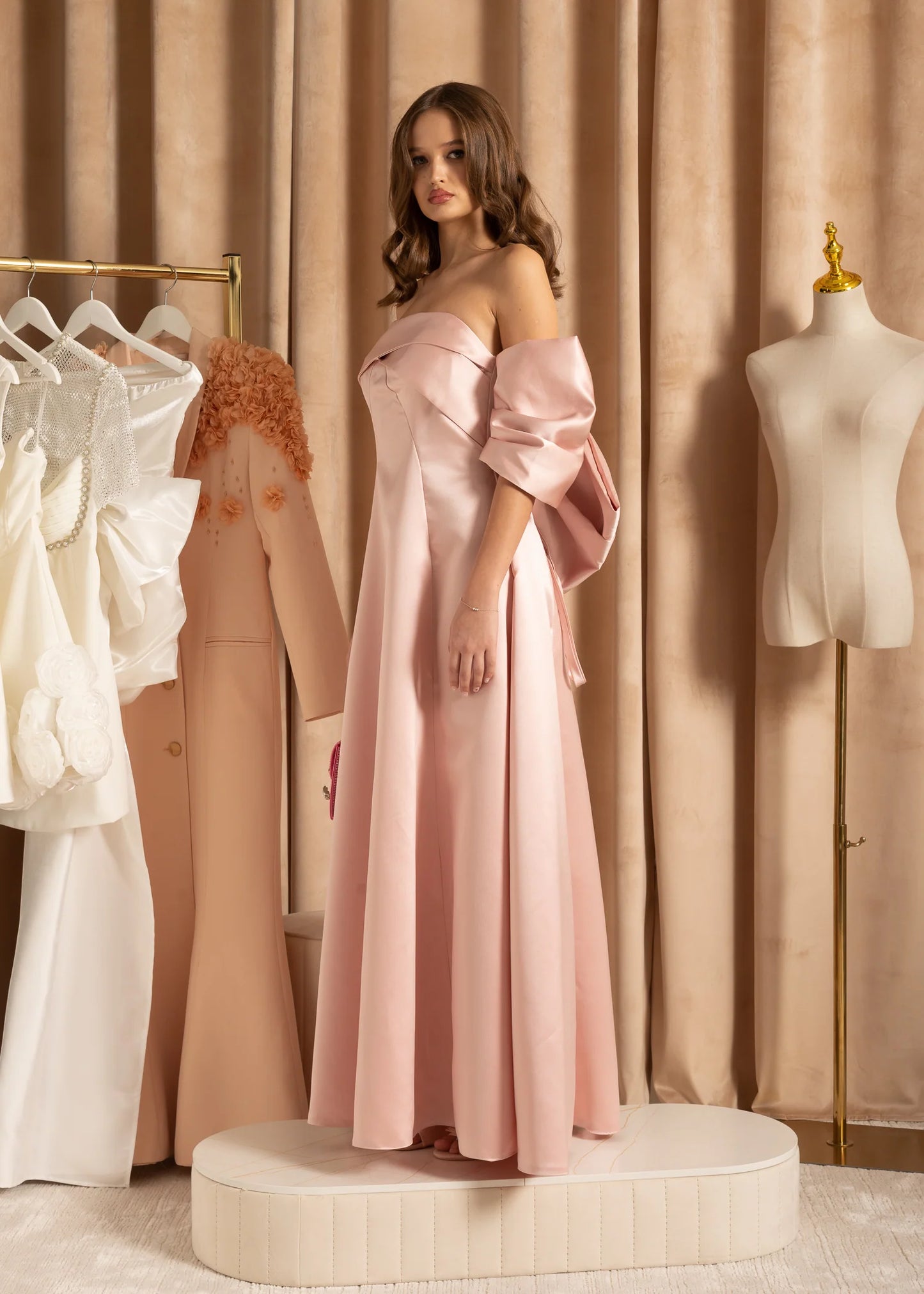 Elegant Satin Strapless Dress With Oversized Back Bow - Peach