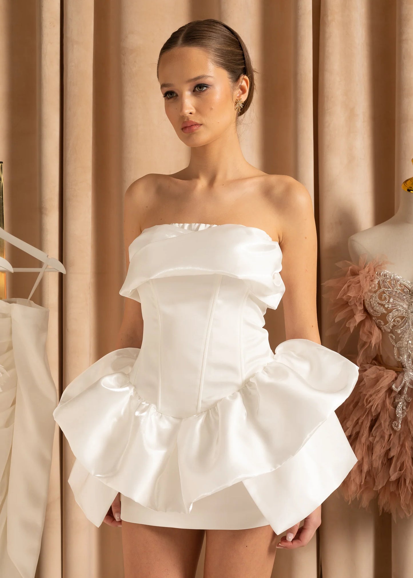 Strapless Satin Mini Dress With Ruffled Skirt - White