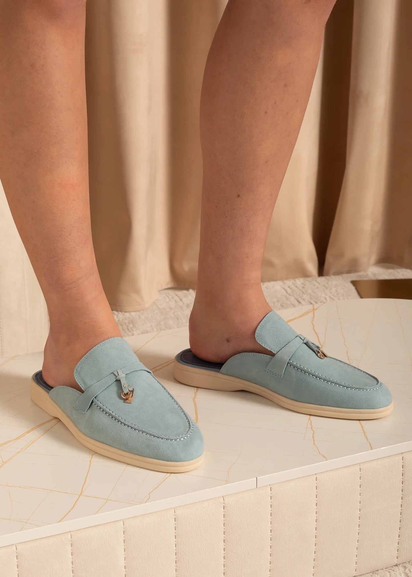Suede Loafers With Metallic Embellishments - Blue