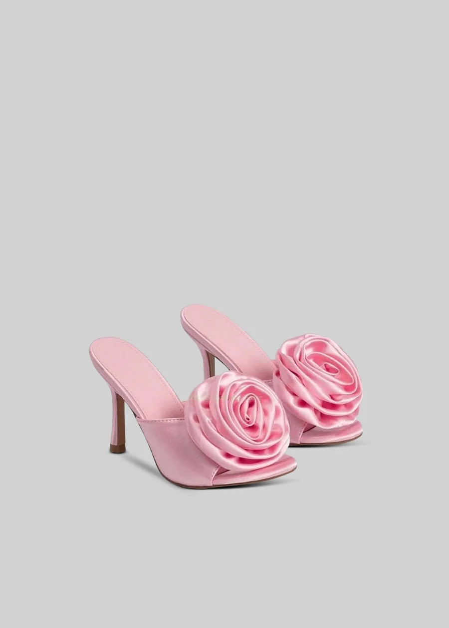 Satin Sandals with 3D Flower Aplique - Pink