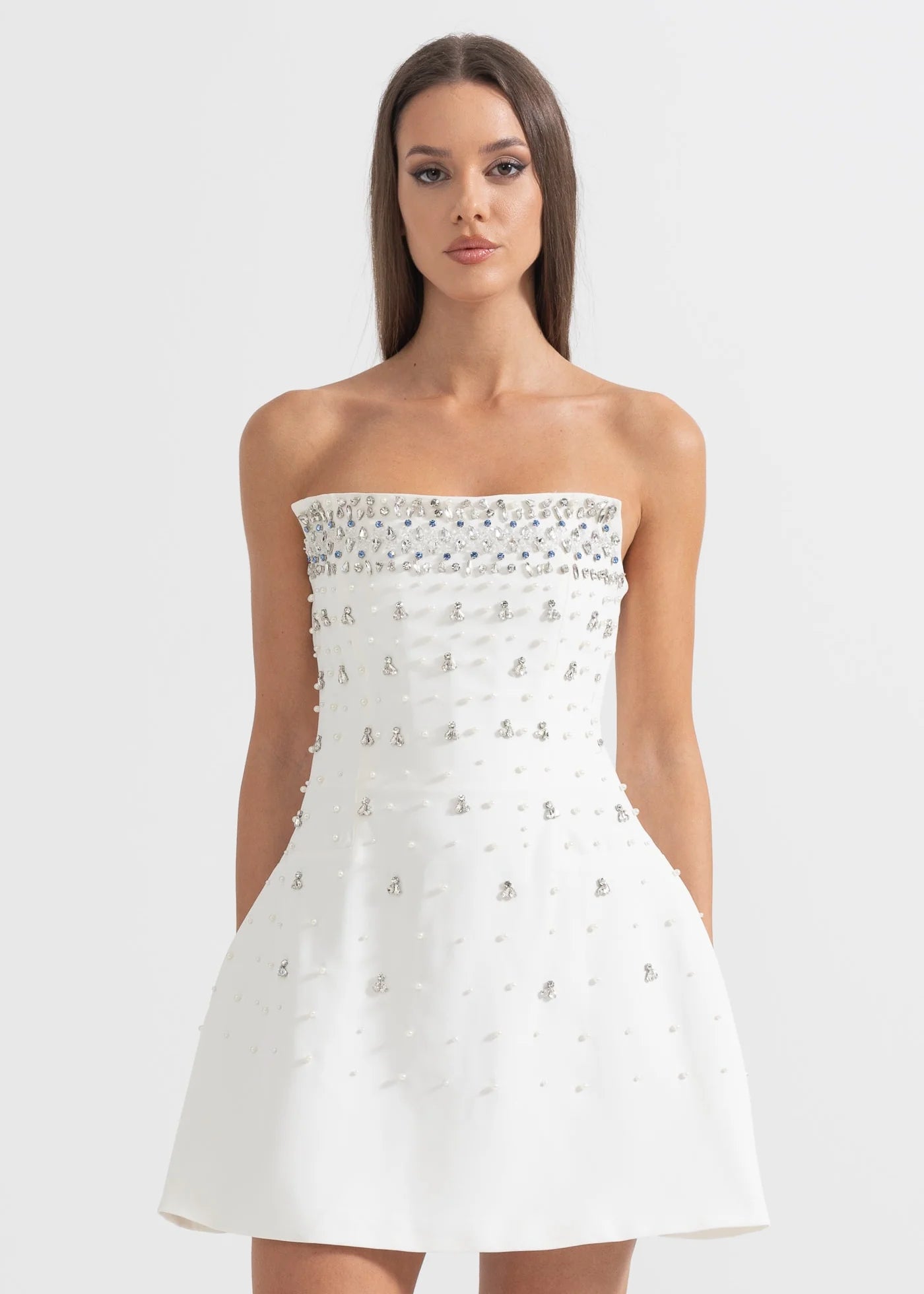 Mini Sleeveless Dress with Shimmering Crystal Details - White