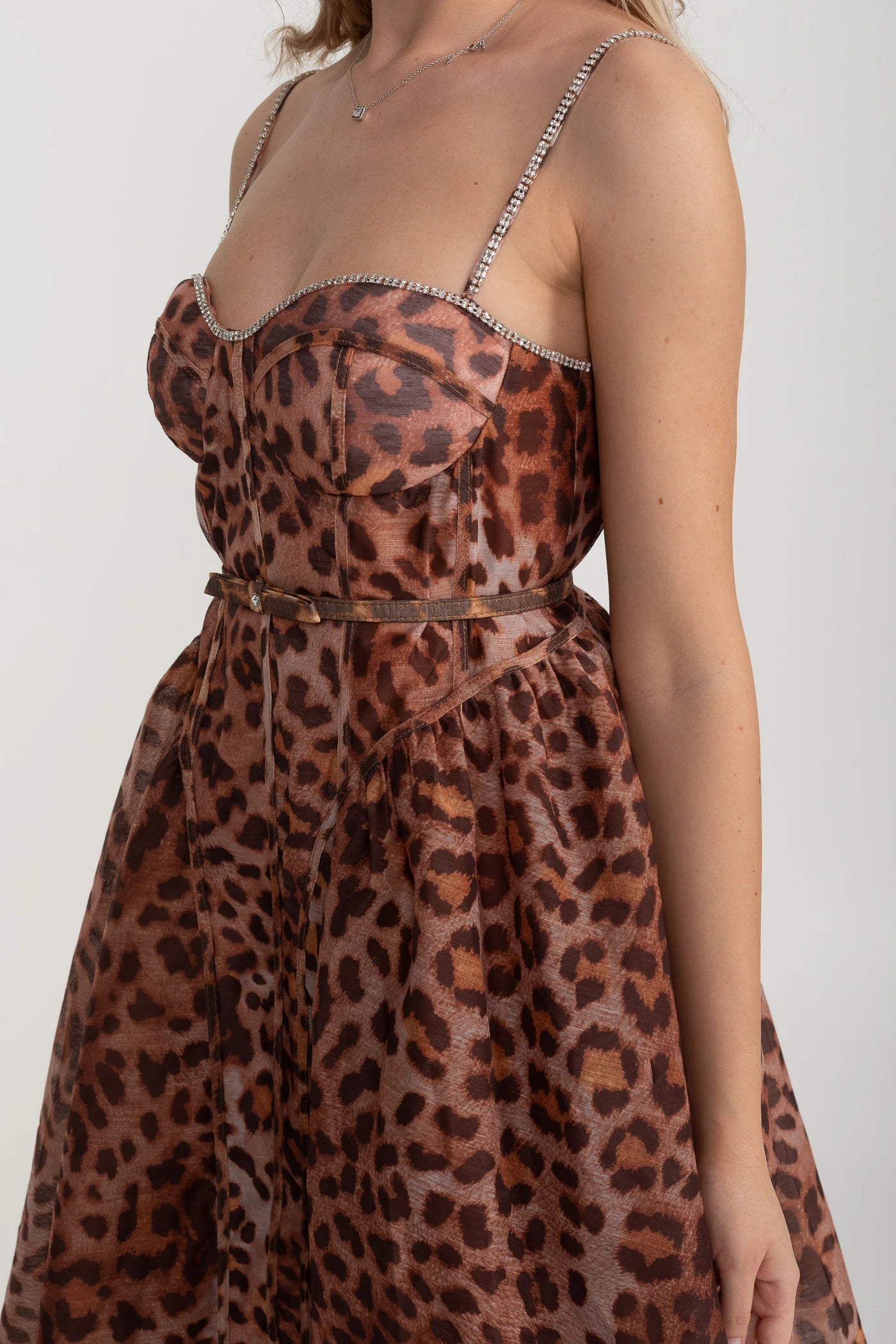 Leopard Print Midi Dress With Corset Bodice- Brown