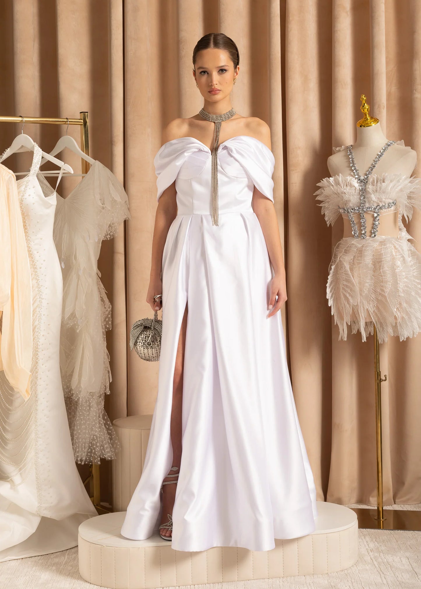 Elegant Off-Shoulder Satin Maxi Dress With Back Ribbon Closure - White