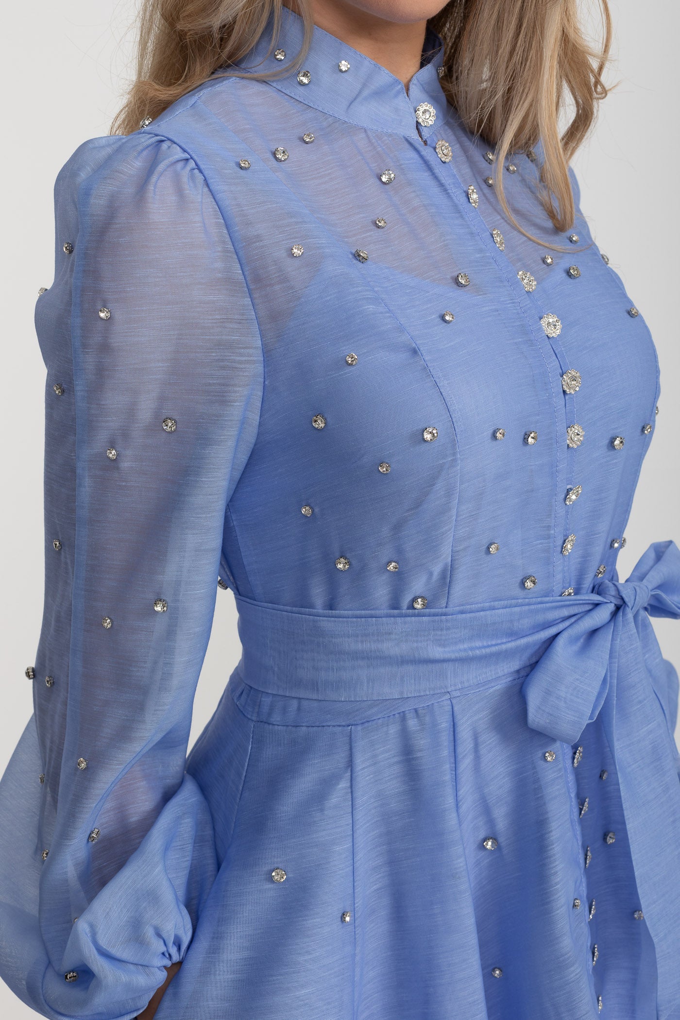 Long Sleeve Mini Dress with Crystal Embellishments - Blue