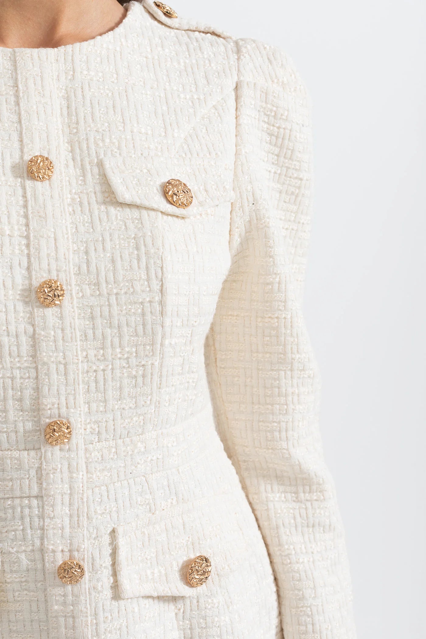 Mini Dress With Front Pockets And Gold Buttons - Ivoire