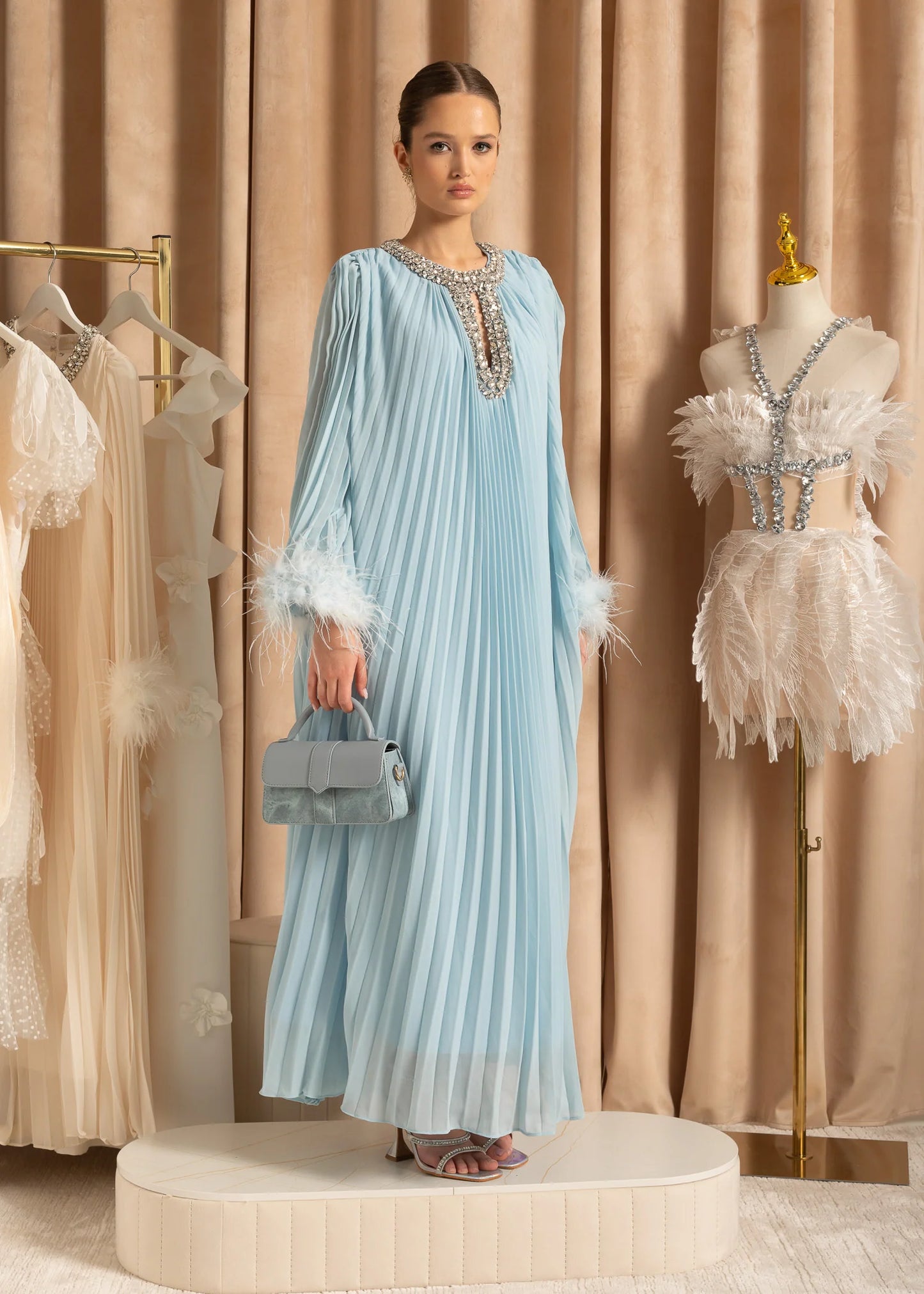 Elegant Ribbed Dress With Fluffy Cuffs And Sparkling Neckline Adornments - Baby Blue