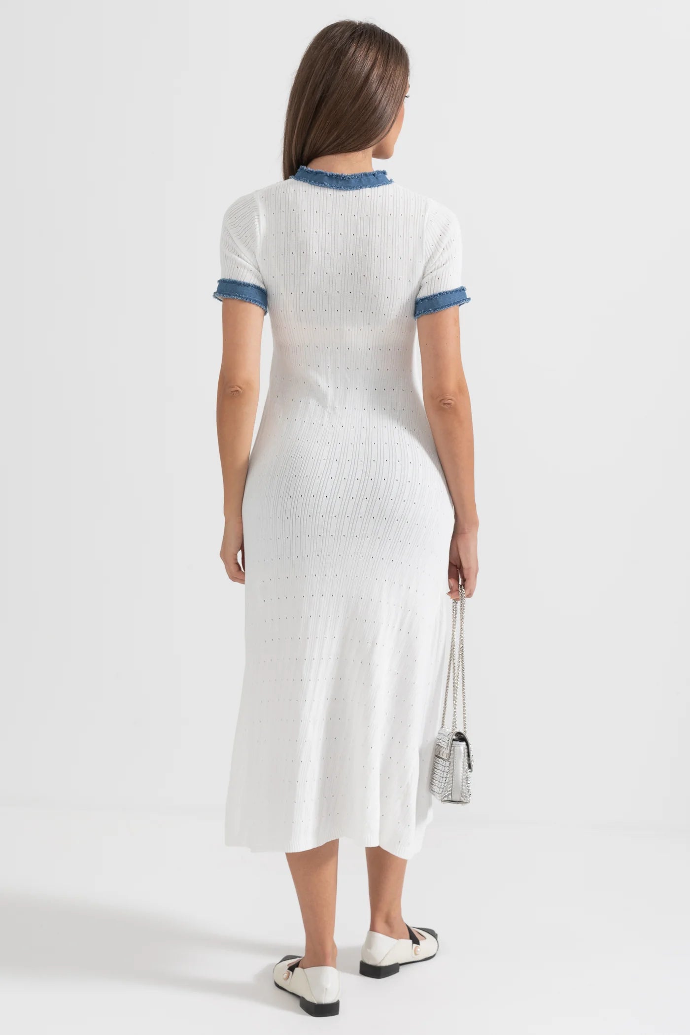 Textured Knit Midi Dress With Blue Details - White