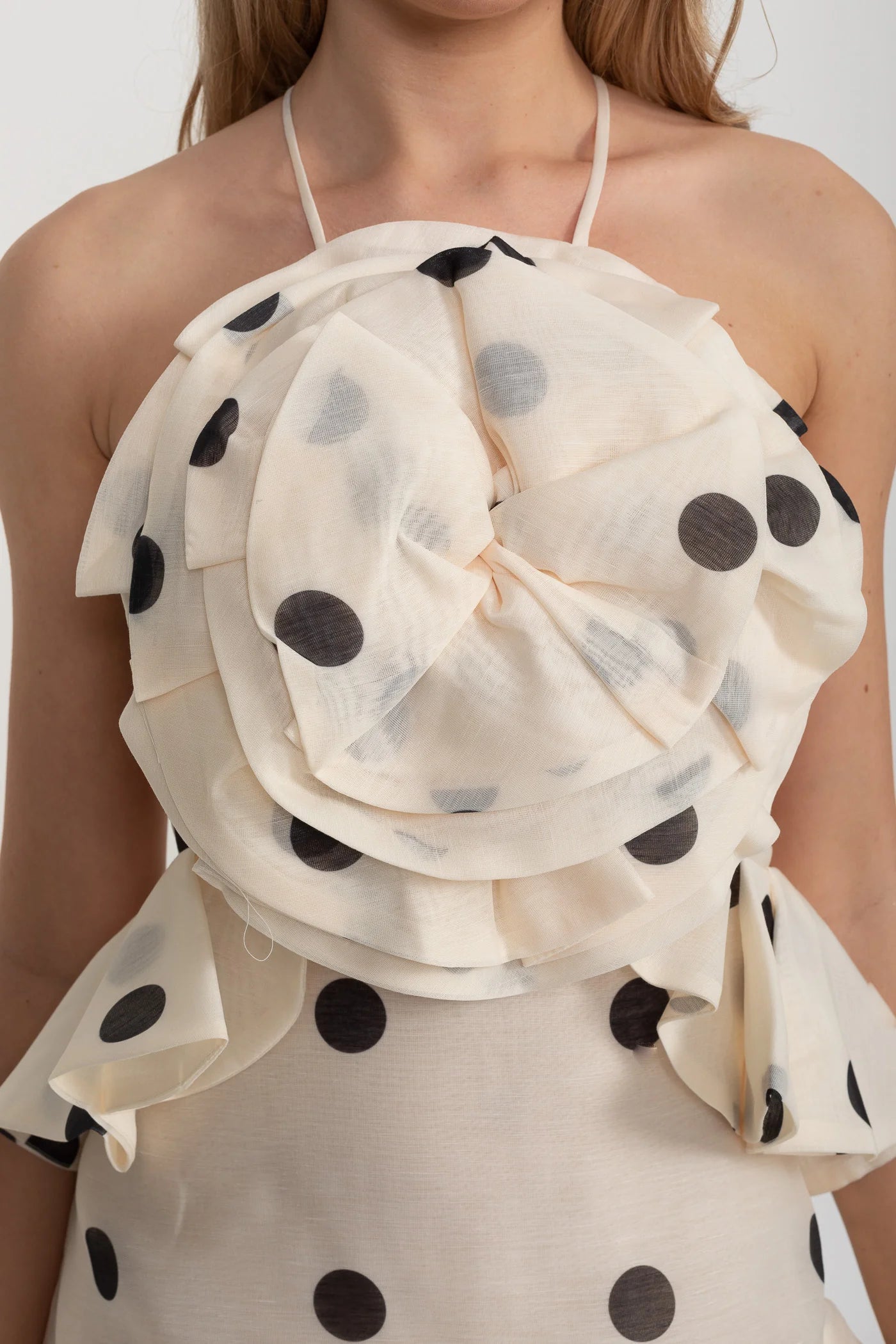Polka Dot Halter Mini Dress with Ruffled Rosette Detail – Ivoire