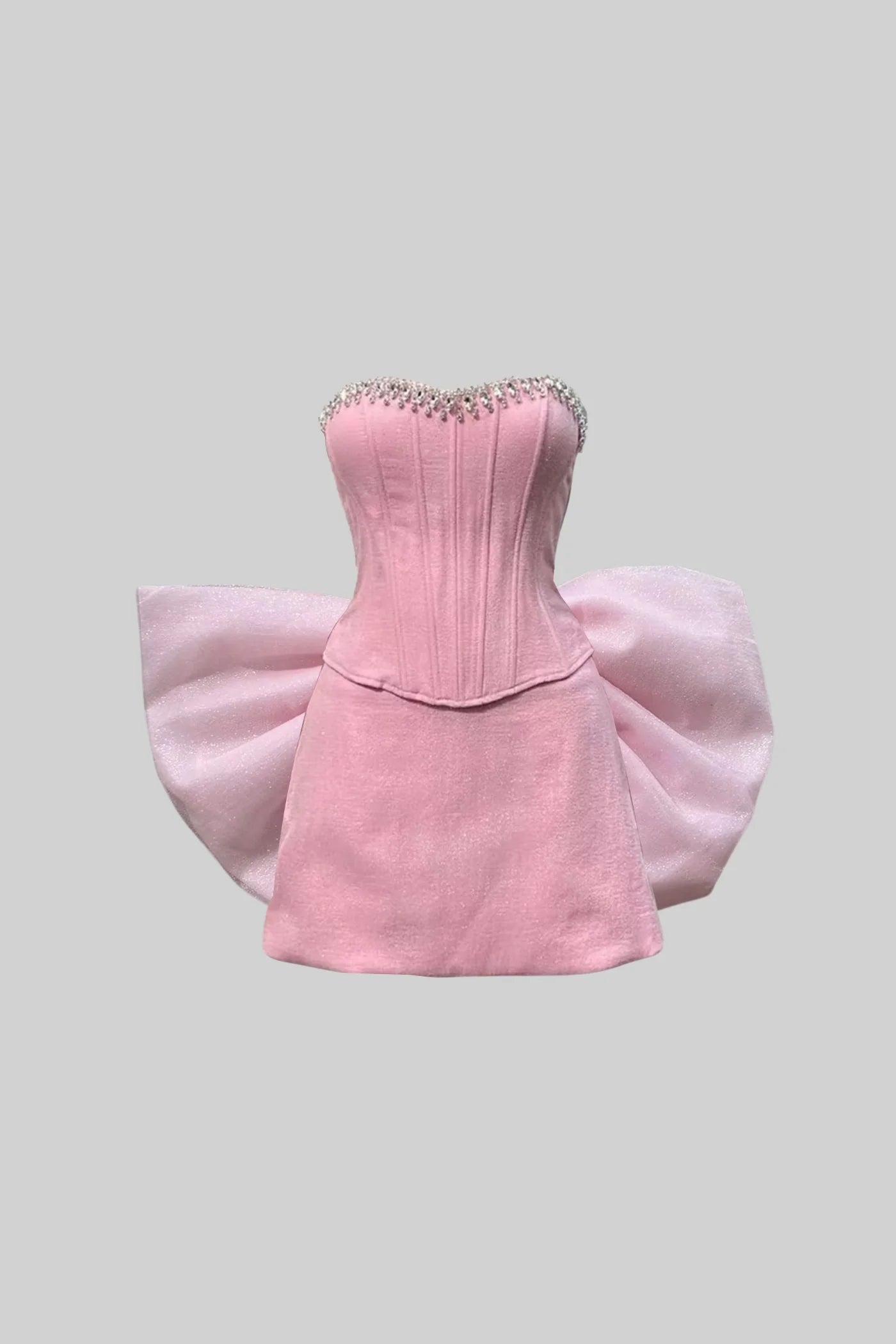 Strapless Mini Set with Crystal Trim and Oversized Bow - Pink