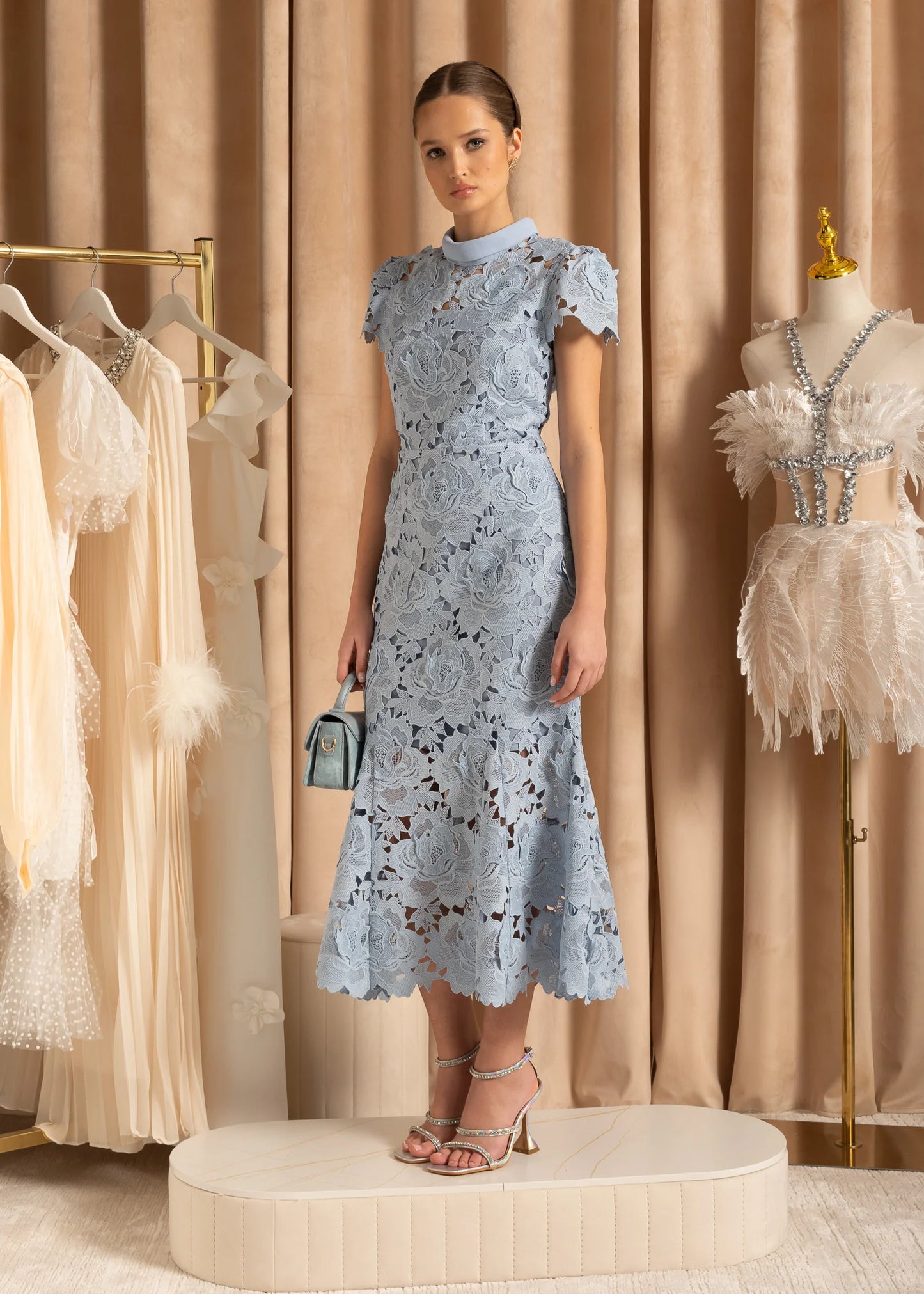 High Collar Lace Midi Dress With Floral Pattern - Blue