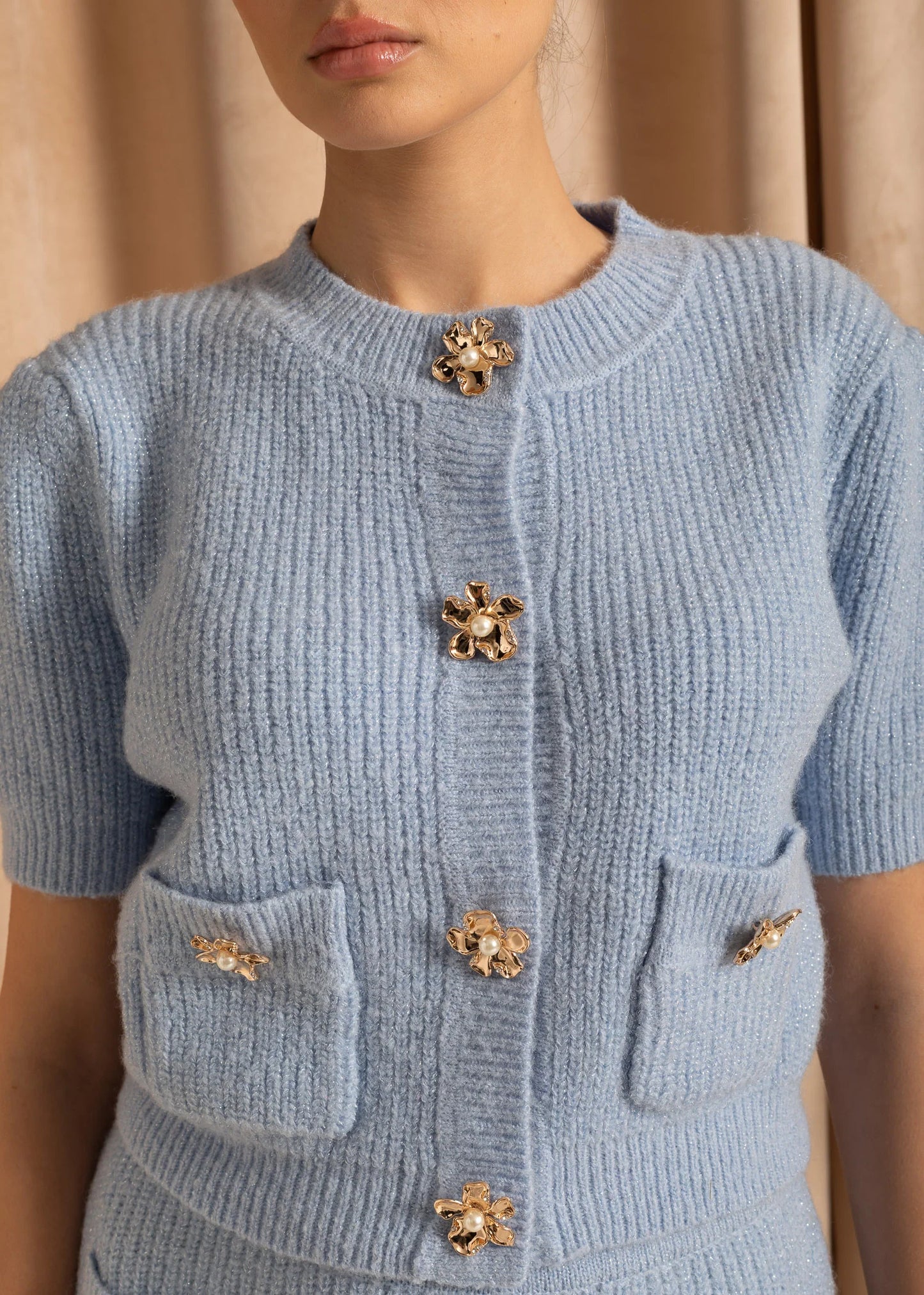 Elegant Knit Ensemble With Decorative Gold Flower Buttons - Blue