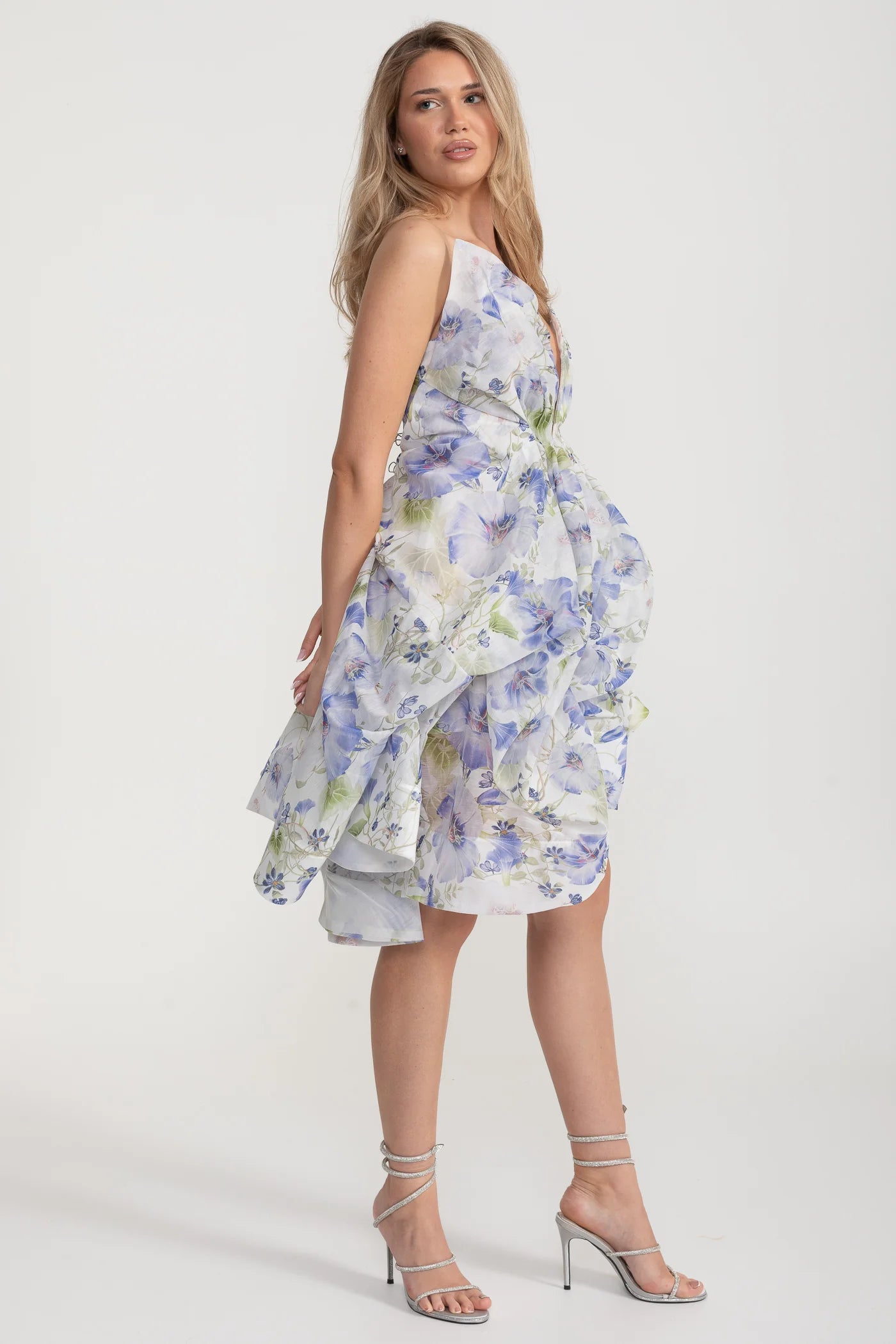 Floral Draped Mini Dress With Deep V Neckline – White