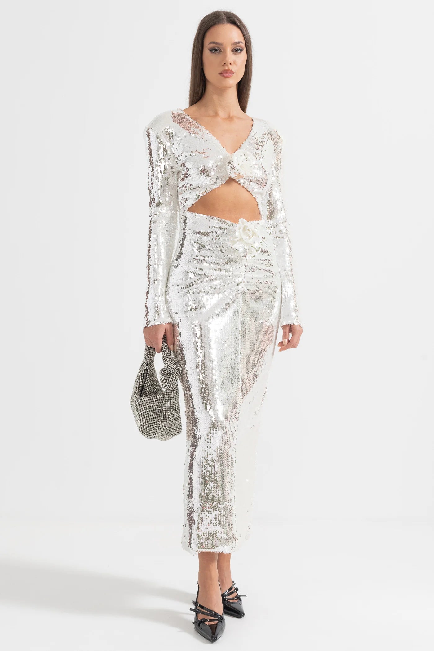 Sparkling Sequin Dress with Front Cut-Out - Silver