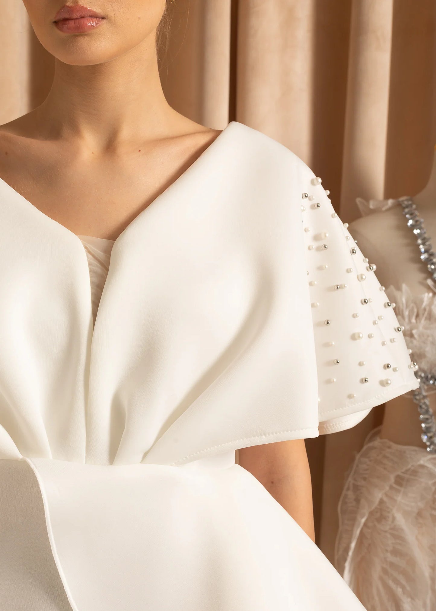 Flowing Midi Dress With Waist Draping And Shoulder Pearls - White
