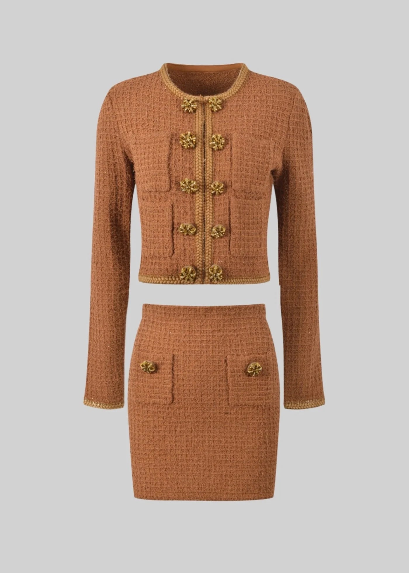 Knitted Two Piece Ensemble With Tweed Jacket and Skirt Set - Brown