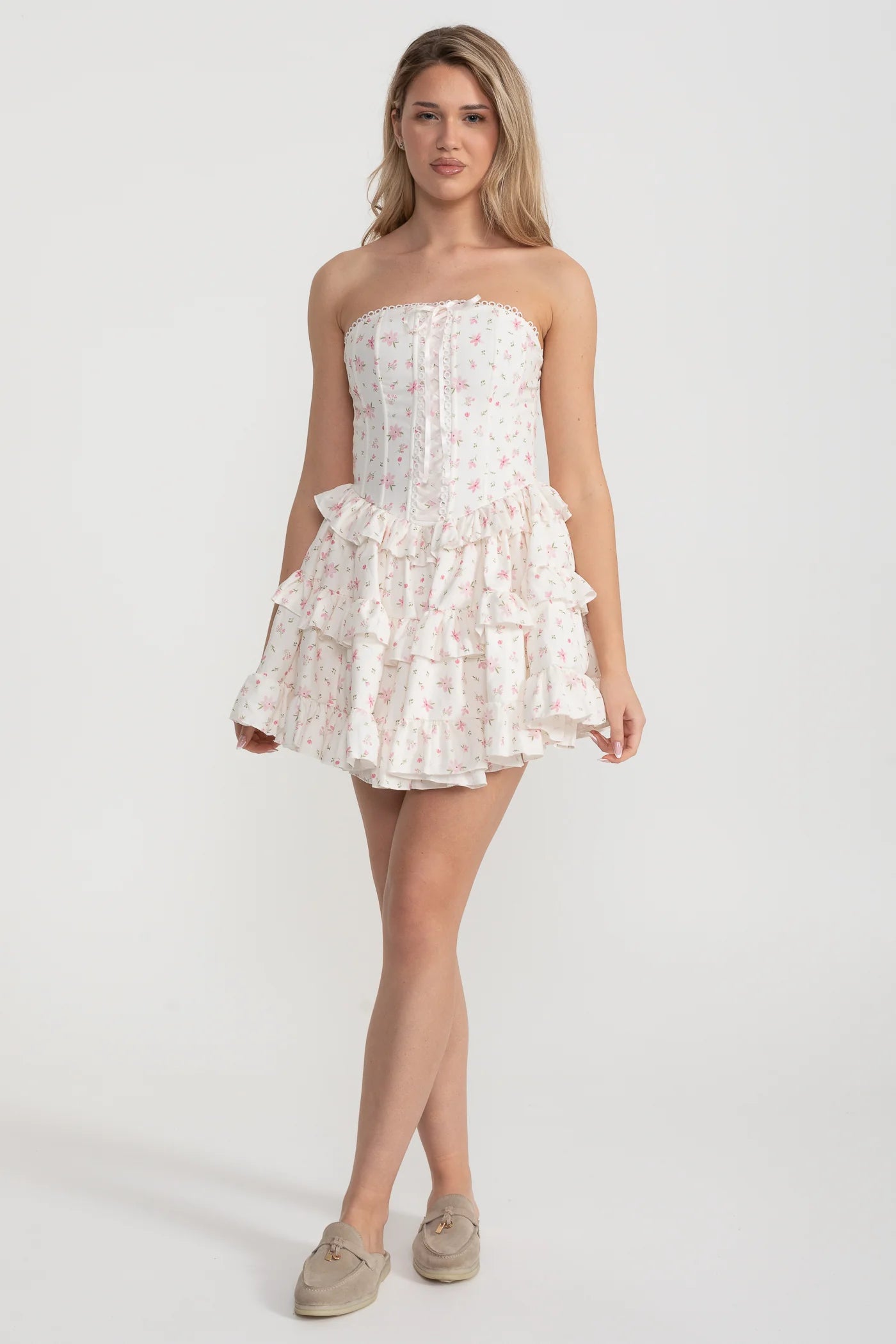Strapless Ruffled Mini Dress with Floral Print - White/Pink