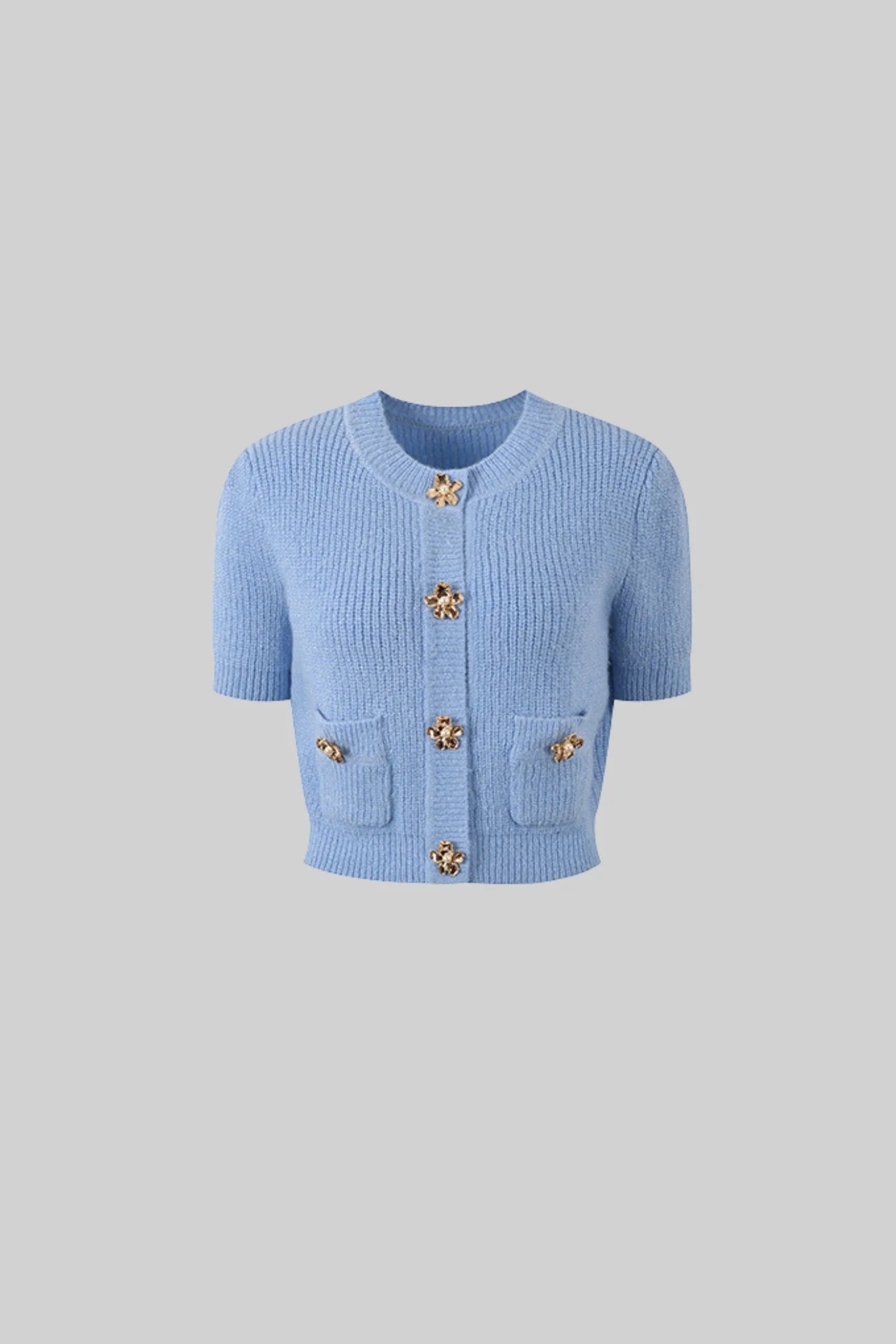 Elegant Knit Ensemble With Decorative Gold Flower Buttons - Blue